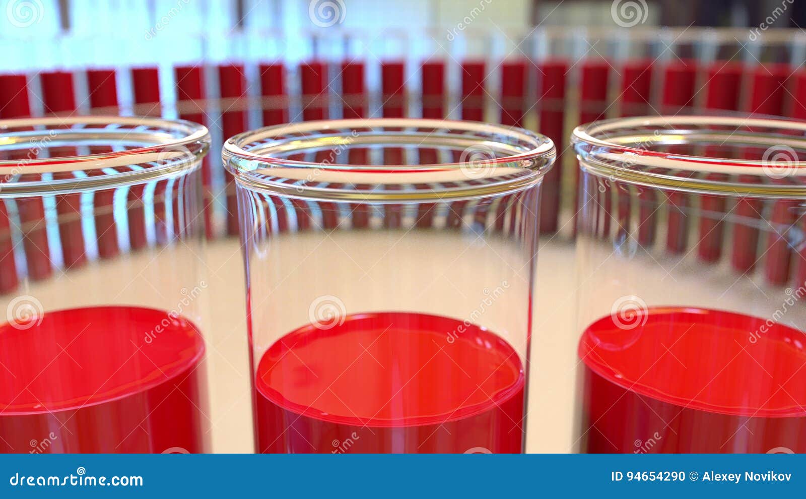 Ring of Glass Vials with Blood or Red Liquid. Chemical or Medical