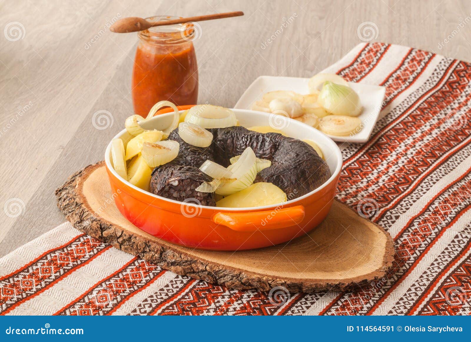 lunch with ring pudding sausages and potatoes