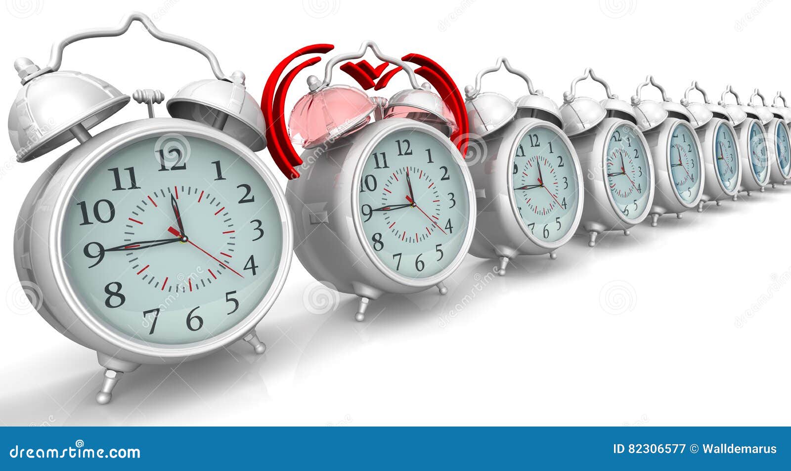 A Ringing Alarm Clock in Row of Not Ringing Stock Illustration