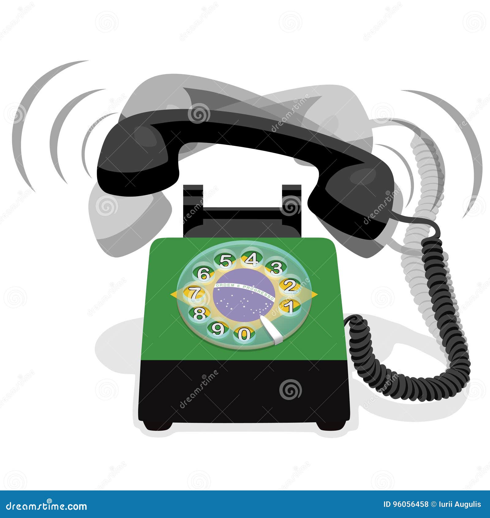 ringing black stationary phone with rotary dial and flag of brazil