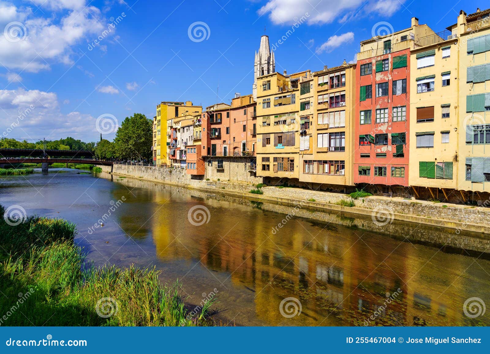 rio onyar as it passes through girona with its colorful houses on both banks of the river, catalonia, spain.
