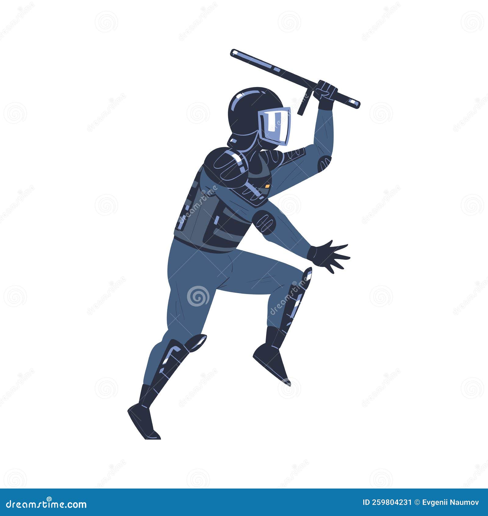 Riot Police Officer And Squad Member In Uniform And Helmet With Baton Fighting Vector