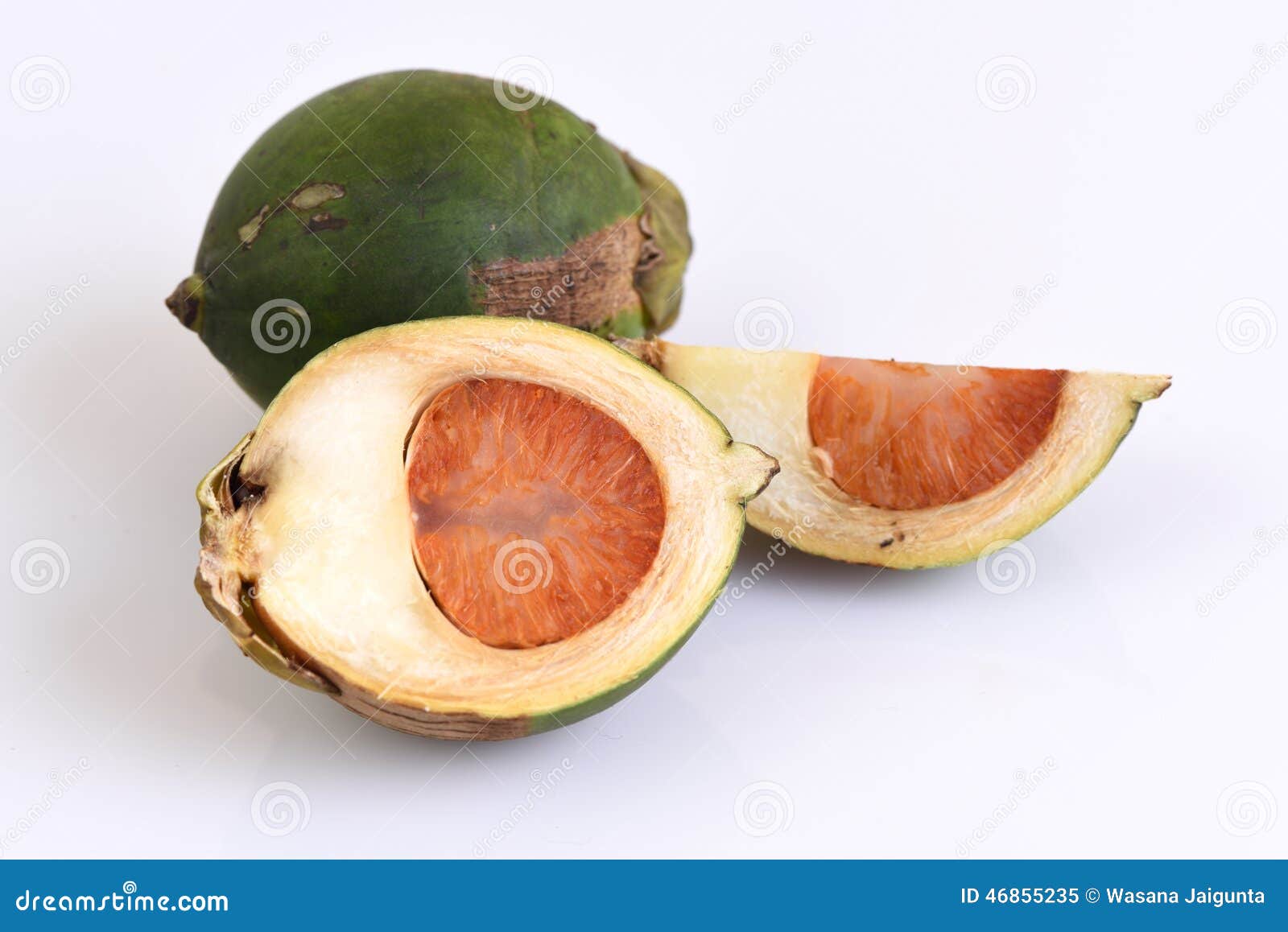 ripe acera or betel palm nut fruit on white background with path
