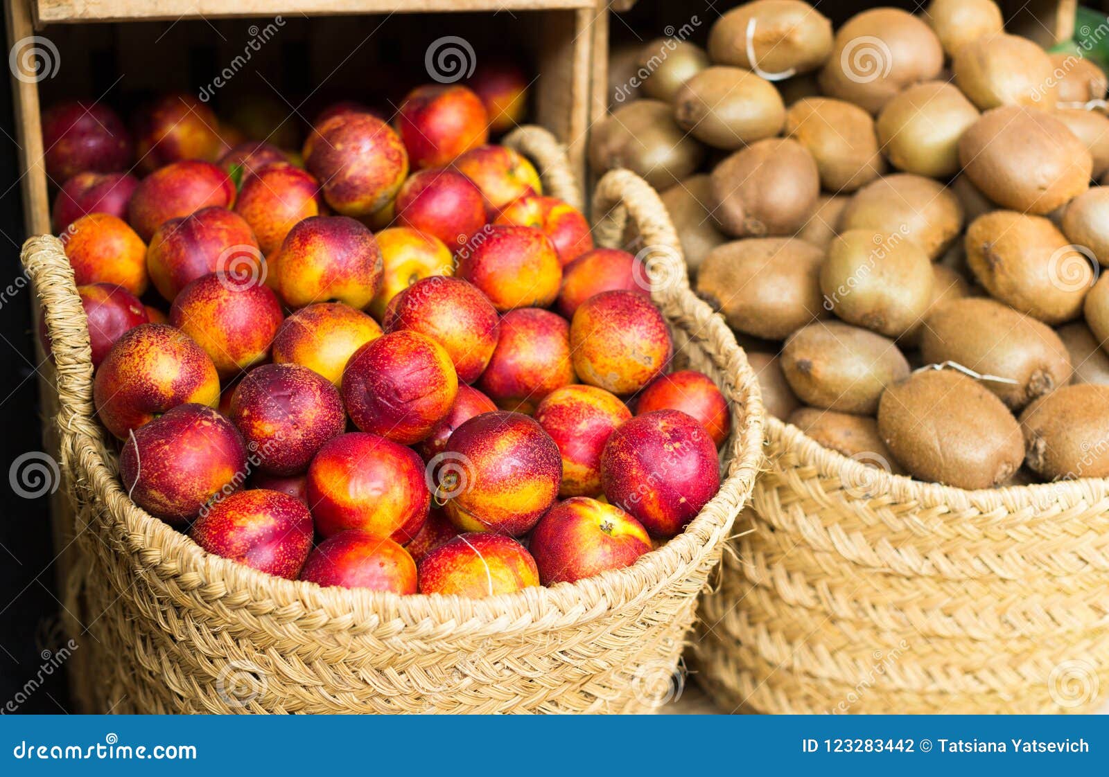 Ripe Nectarines in Wicker Baskets on Counter Stock Photo Image of