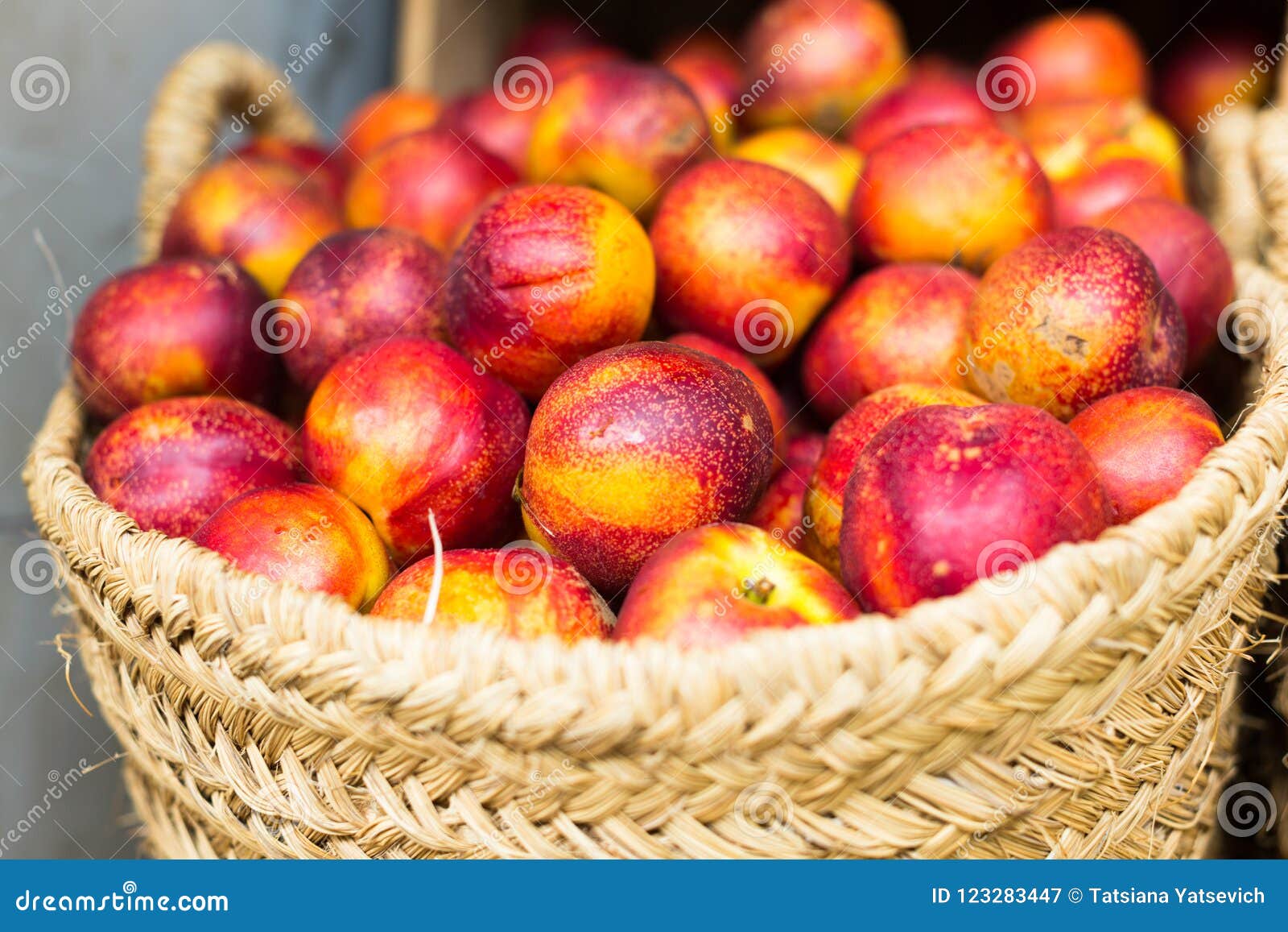 Ripe Nectarines in Wicker Baskets on Counter Stock Image Image of