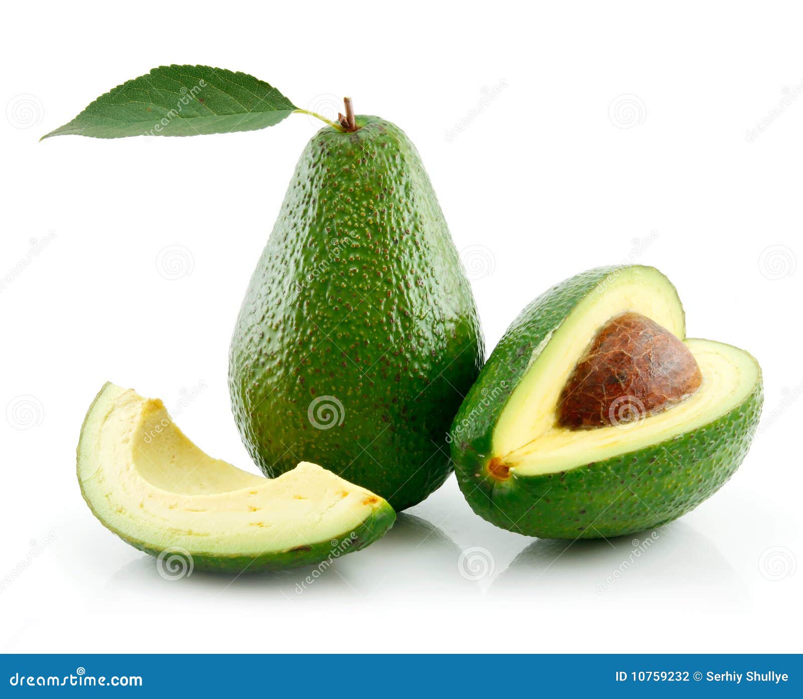 ripe avocado with green leaf  on white