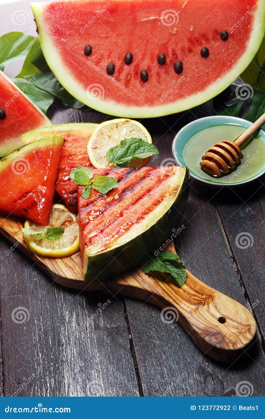 Ripe Healthy Organic Grilled Watermelon with Honey. Stock Photo - Image