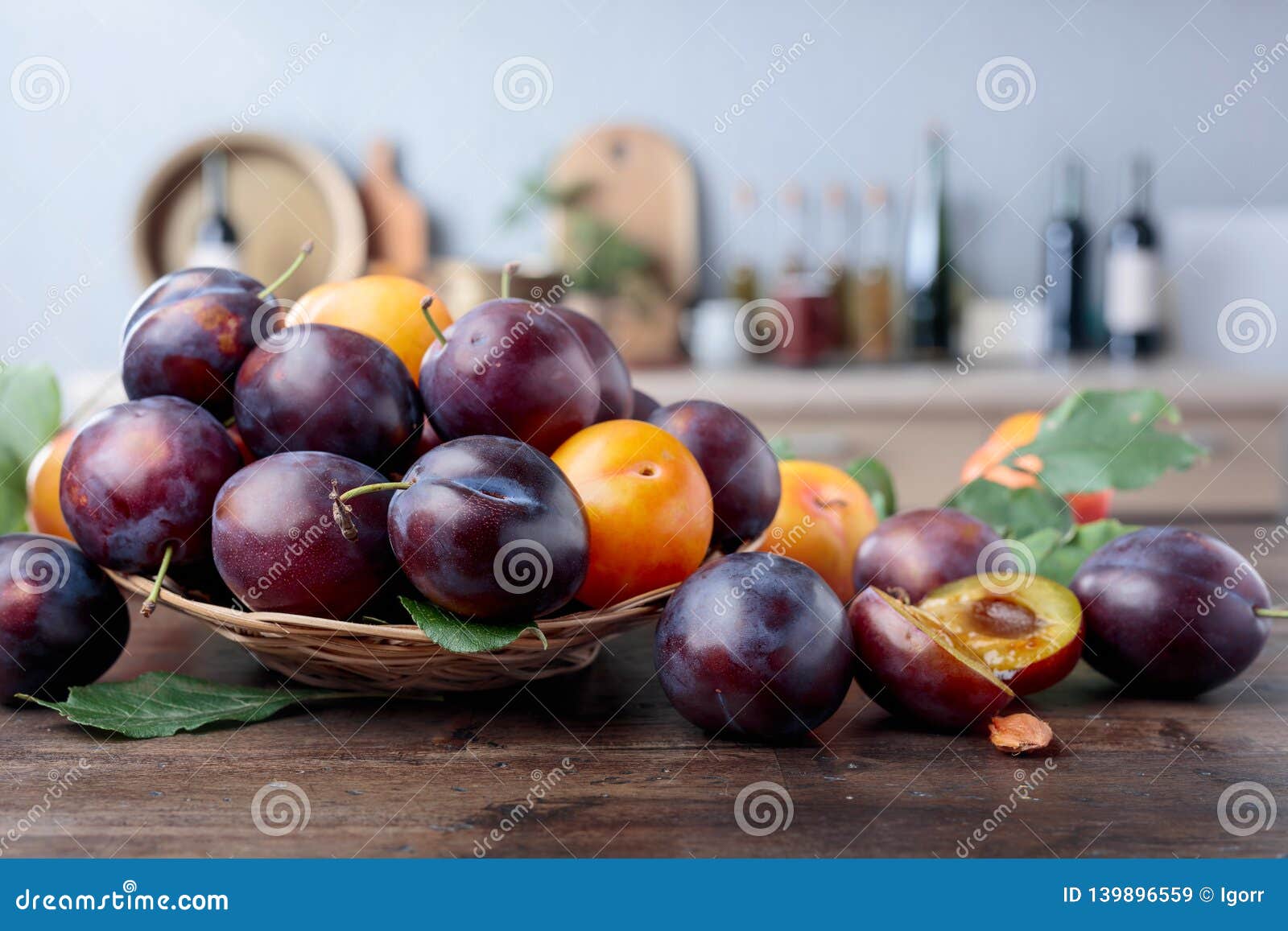 Ripe Juicy Plums on a Kitchen Table Stock Image Image of color
