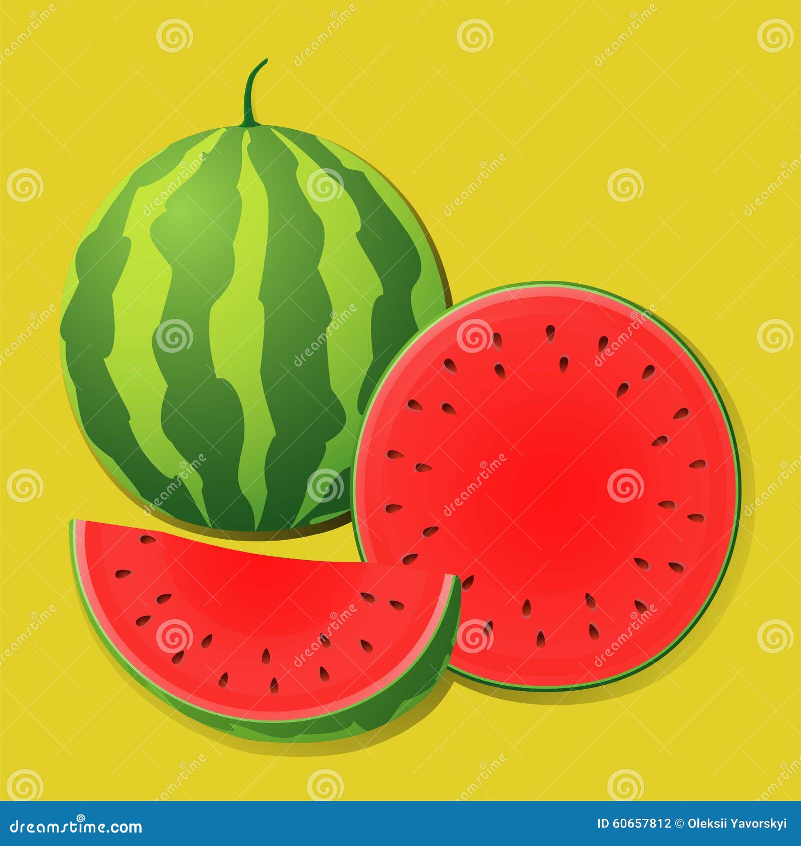 Vector image of a ripe juicy watermelon slices on a striped background