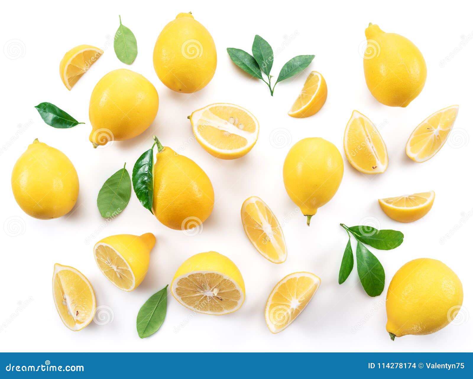 ripe lemons and lemon leaves on white background. top view.
