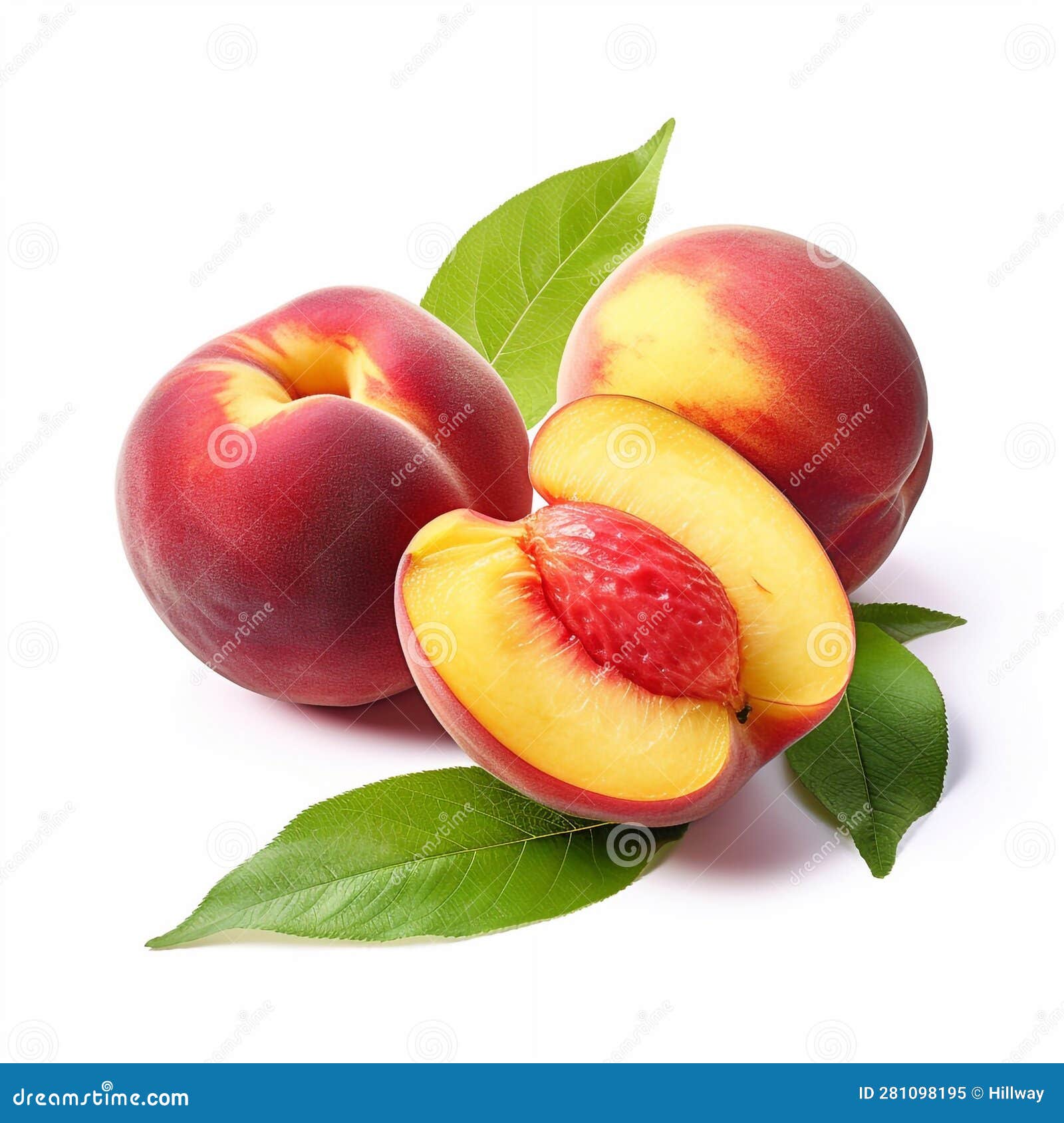 Ripe Nectarine with Green Leaves Isolated on White Background. AI