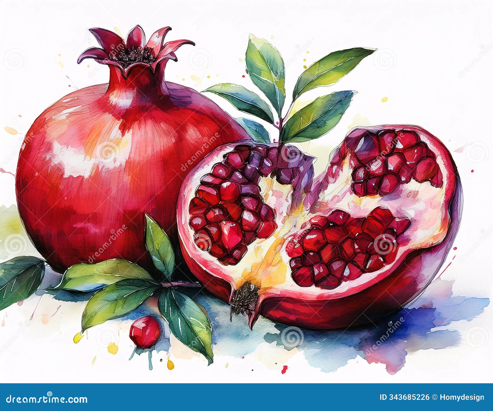 a ripe pomegranate and its halved counterpart reveal a cascade of ruby-red seeds against a watercolor backdrop
