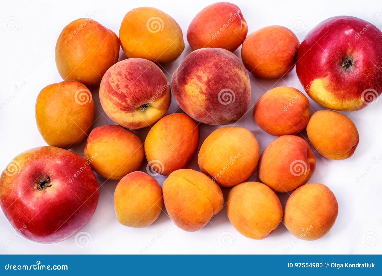 Ripe Red and Orange Apricots, Nectarines, Apples on White Background