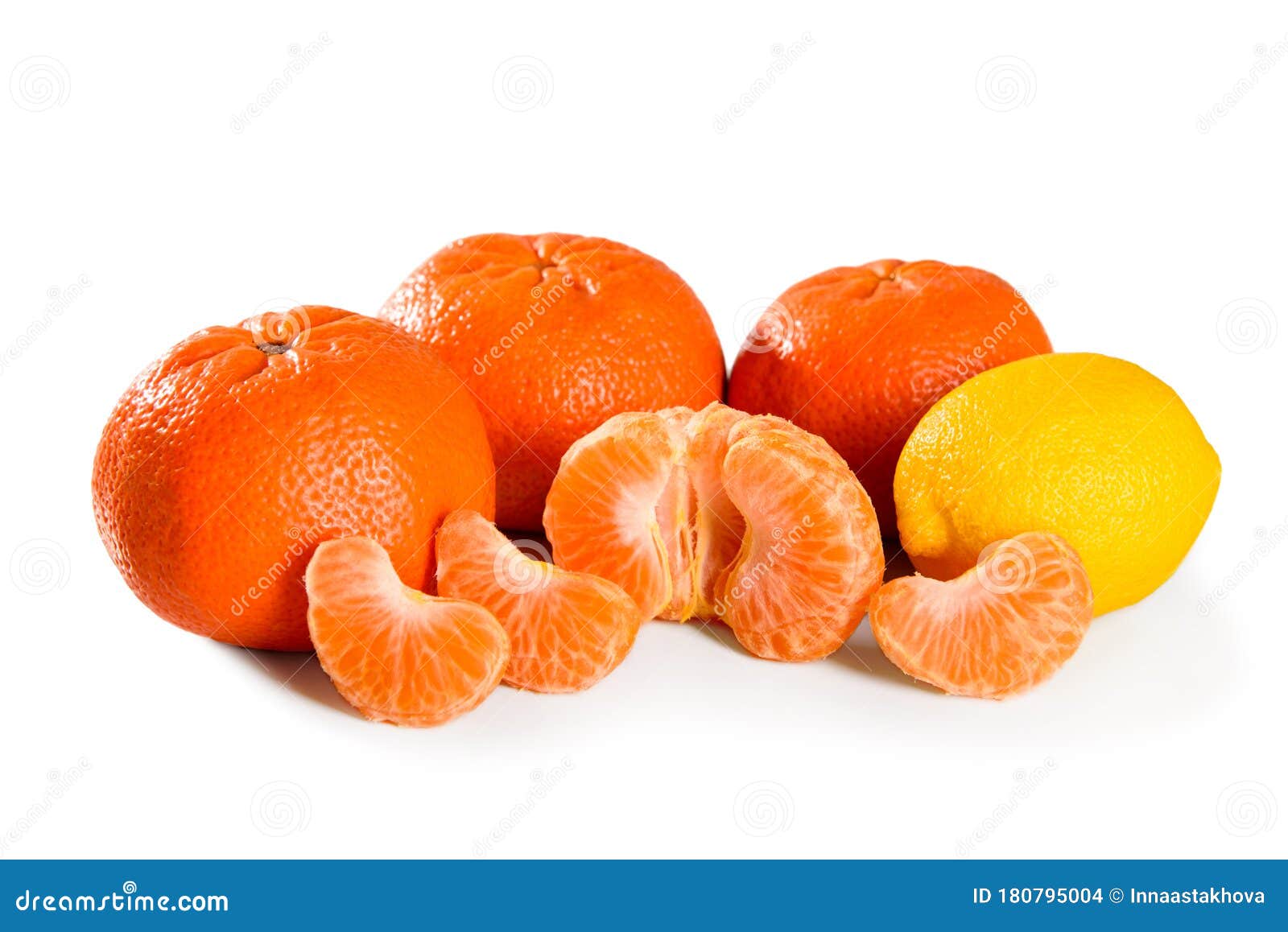 ripe whole and peeled mandarin and lemon citrus fruit  on white background macro close-up