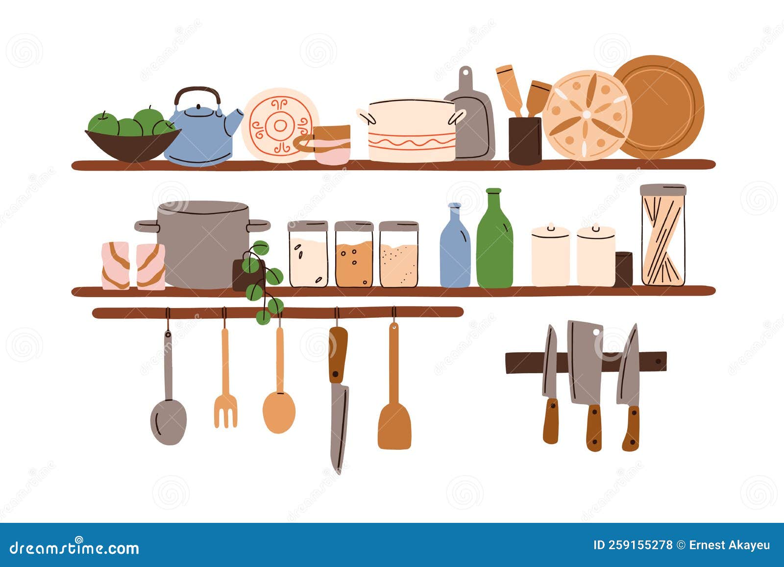 Ripiano Da Cucina Con Cibo Per Utensili Da Cucina. Pentole Per Oggetti Per  Il Servizio Da Tavola Utensili Da Cucina Per La Tavola Illustrazione  Vettoriale - Illustrazione di terrecotte, colorato: 259155278