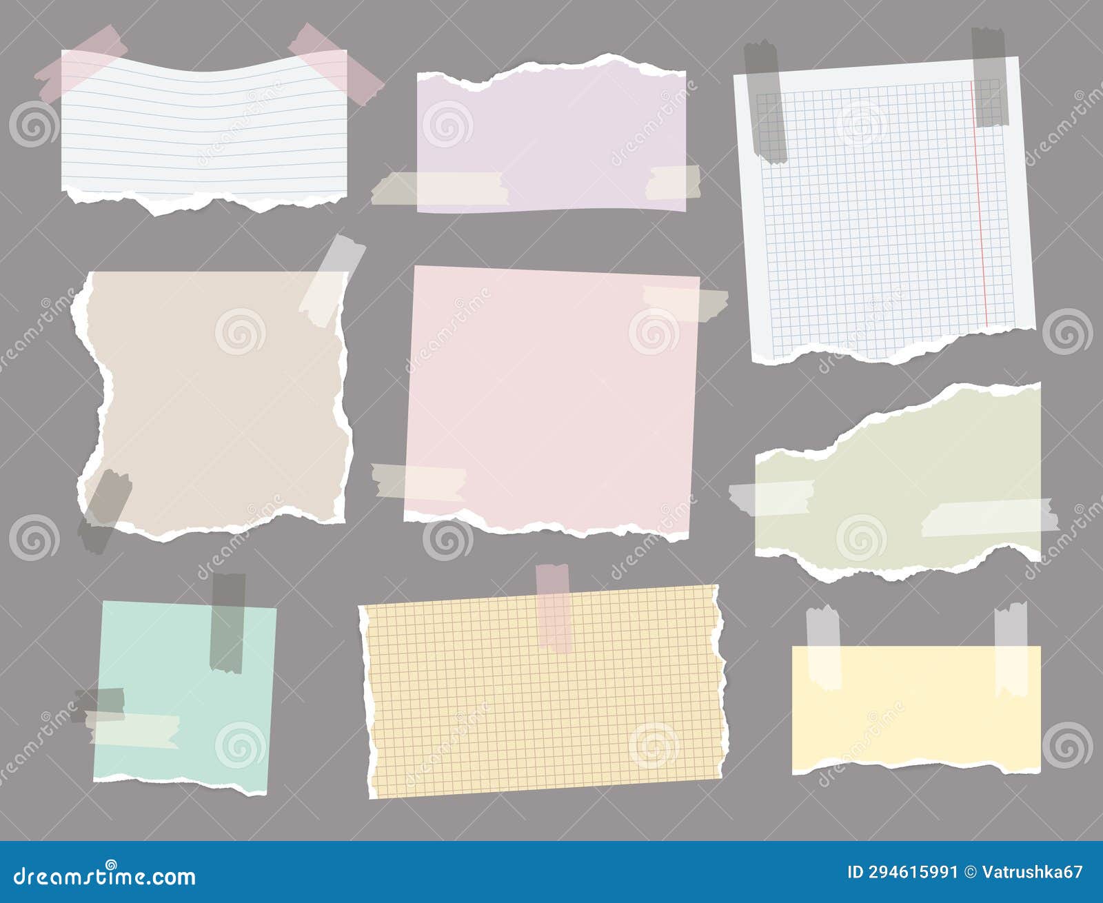 ripped paper with sticky tape. notepad with ruled pages and adhesive tape, vintage blank notecards with sticky notes