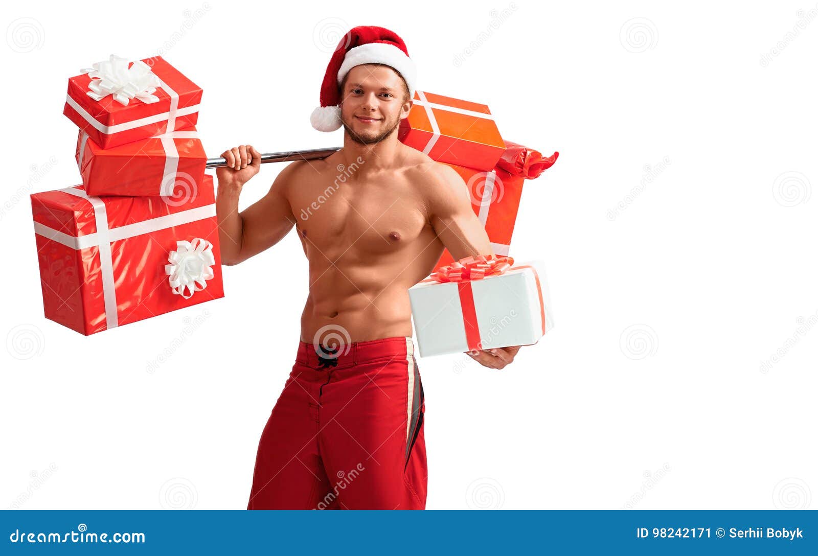 Something special. Macho muscular torso hold gift box. Sexy athletic macho  muscular chest. Athlete man has gift for you. Valentines day concept.  Bodybuilder holiday gift. Sportsman giving gift Stock Photo by ©stetsik