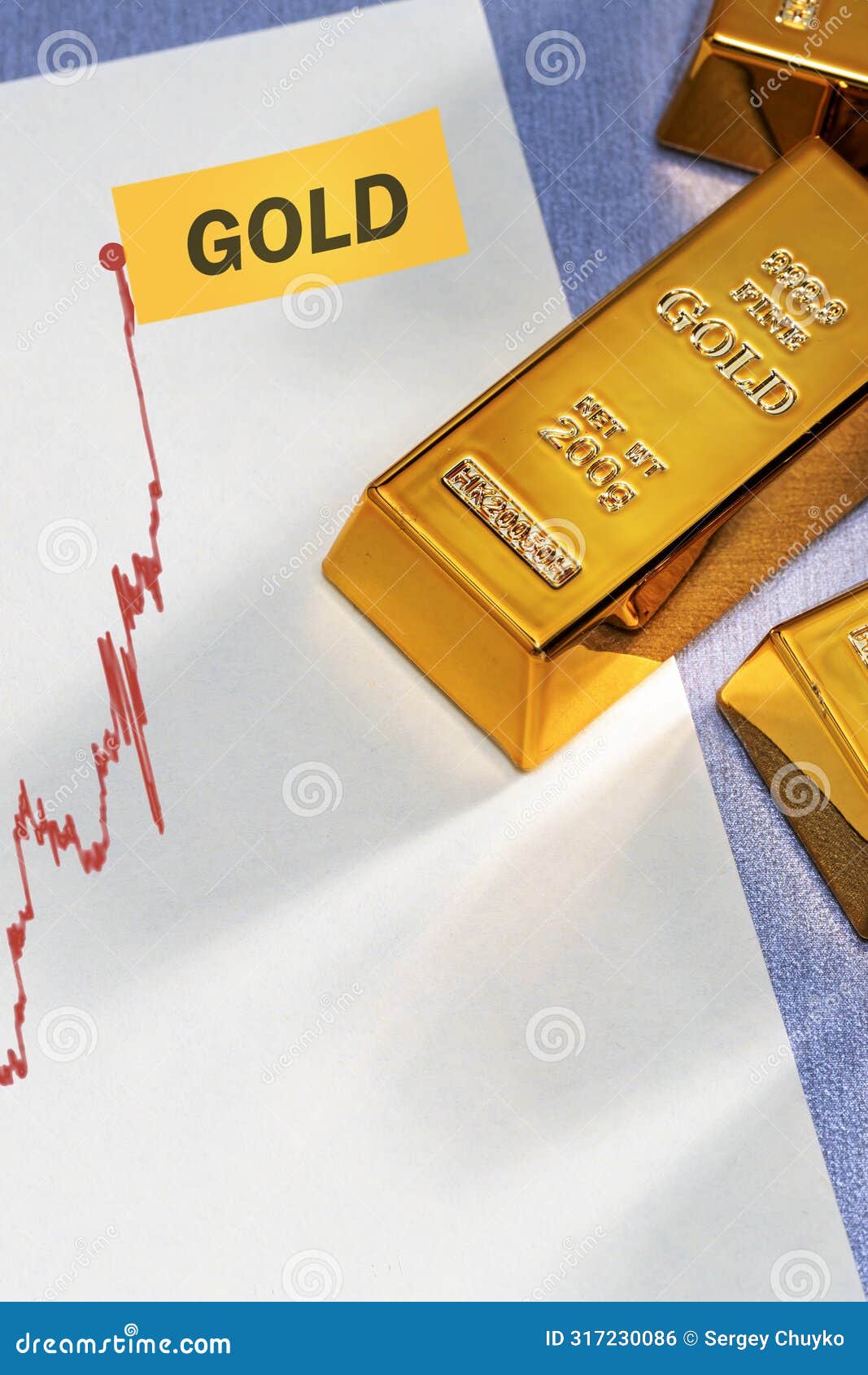 Rising Chart of Price of Gold and Gold Bars on the Desk Stock Photo
