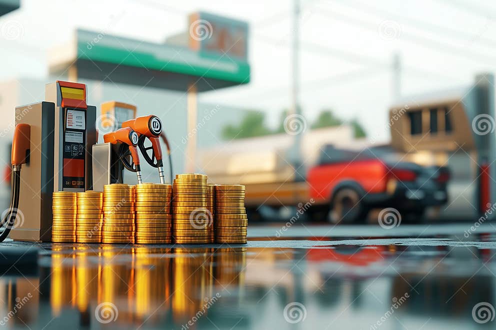 Rising Fuel Costs Illustrated with Stacked Coins Near a Gas Pump ...