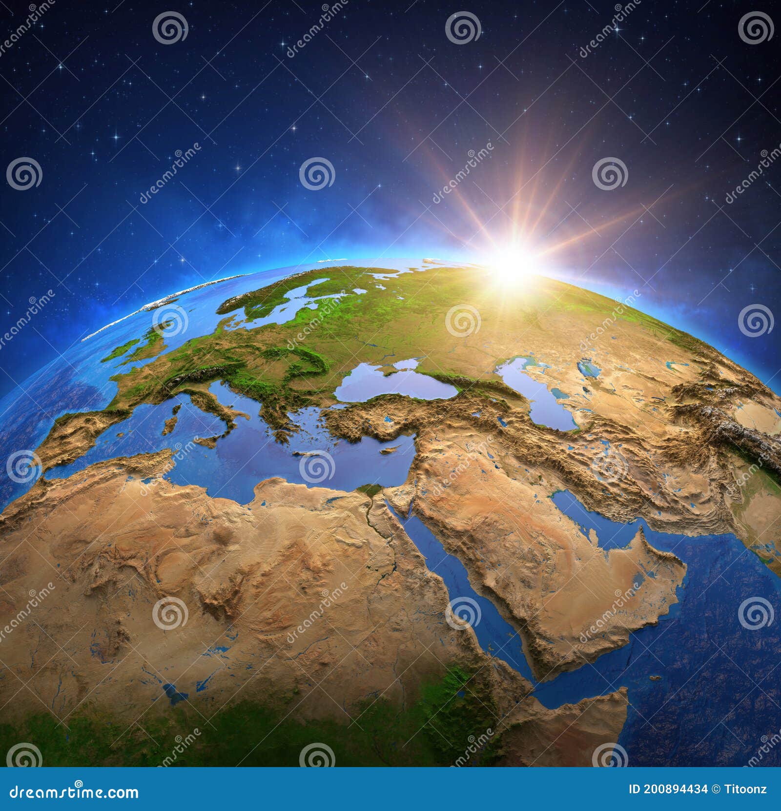 rising sun on europe and middle east, from space