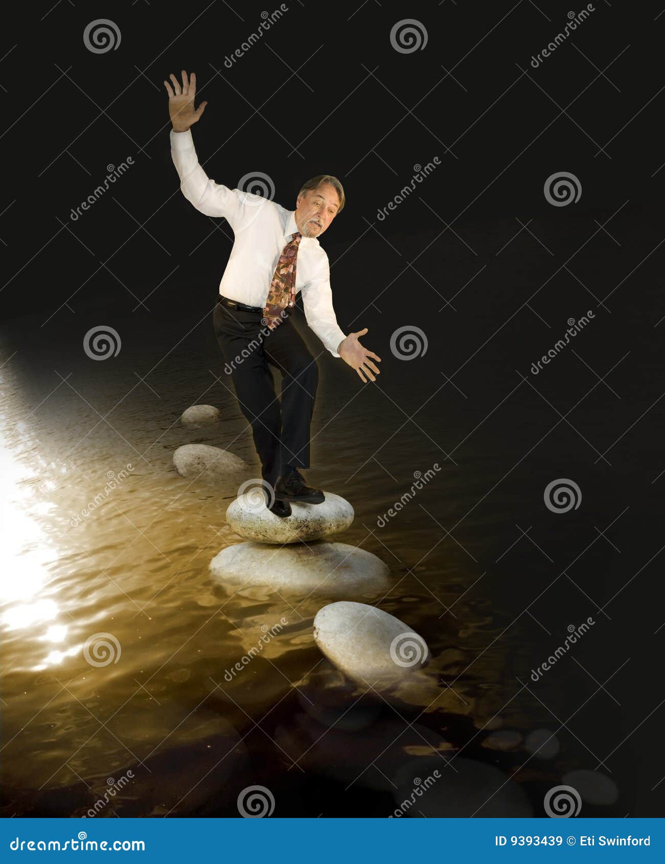 A man in a shirt and tie balances on rocks in black waters. Metaphor for risk and the difficulties of managing a business.