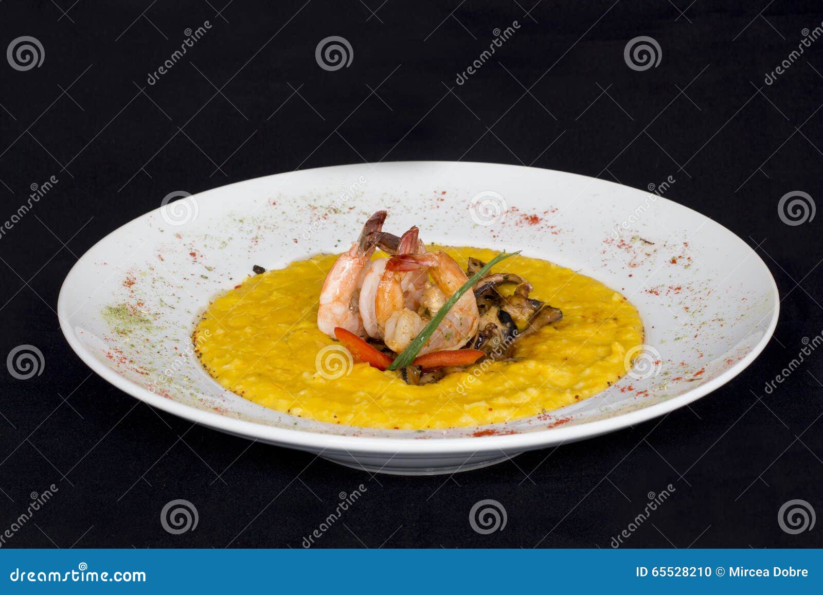 Risotto a La Huancaina Peruvian Lunch Served with Shrimp Stock Photo