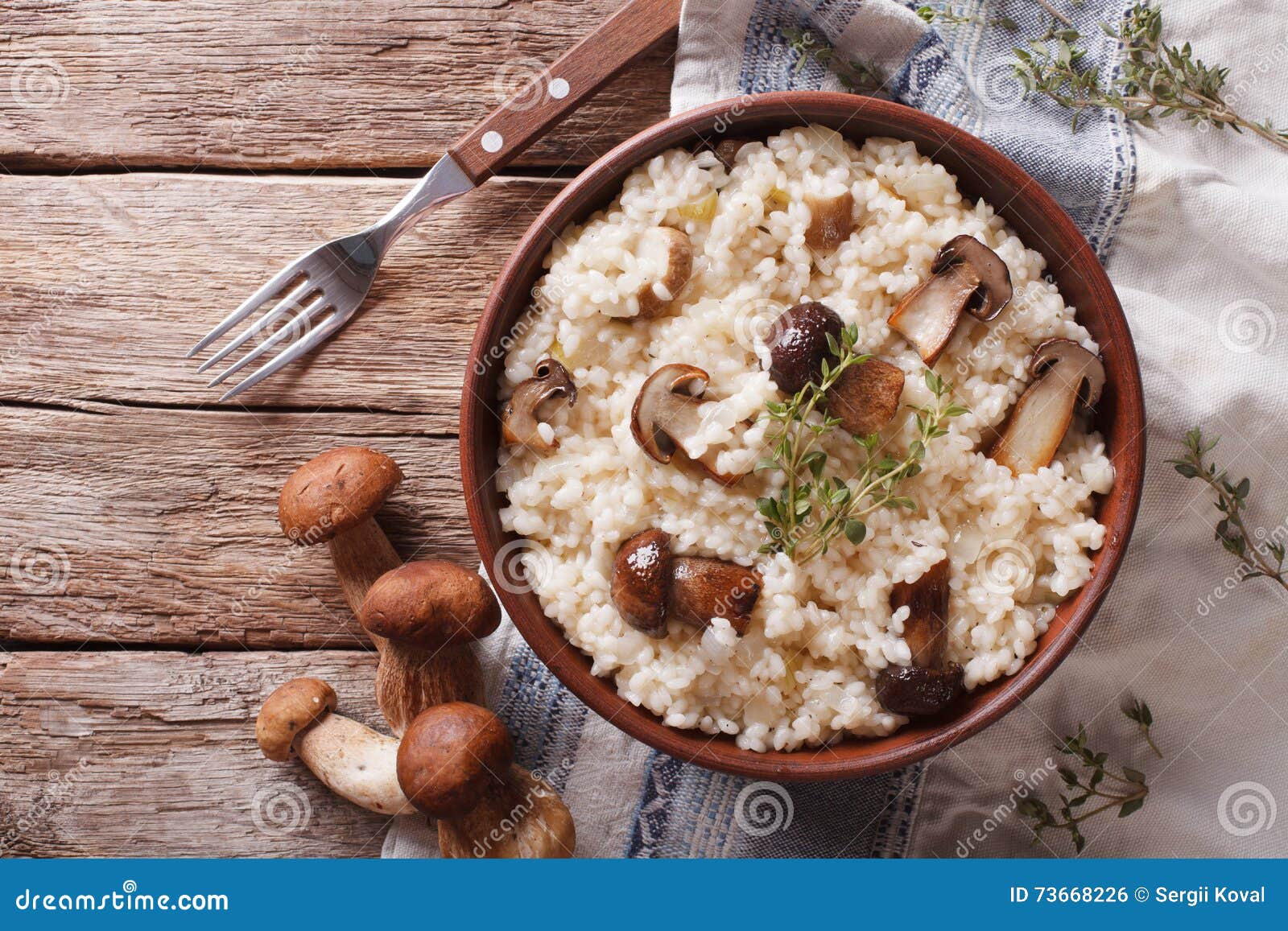 risotto with porcini mushrooms and thyme close-up. horizontal to