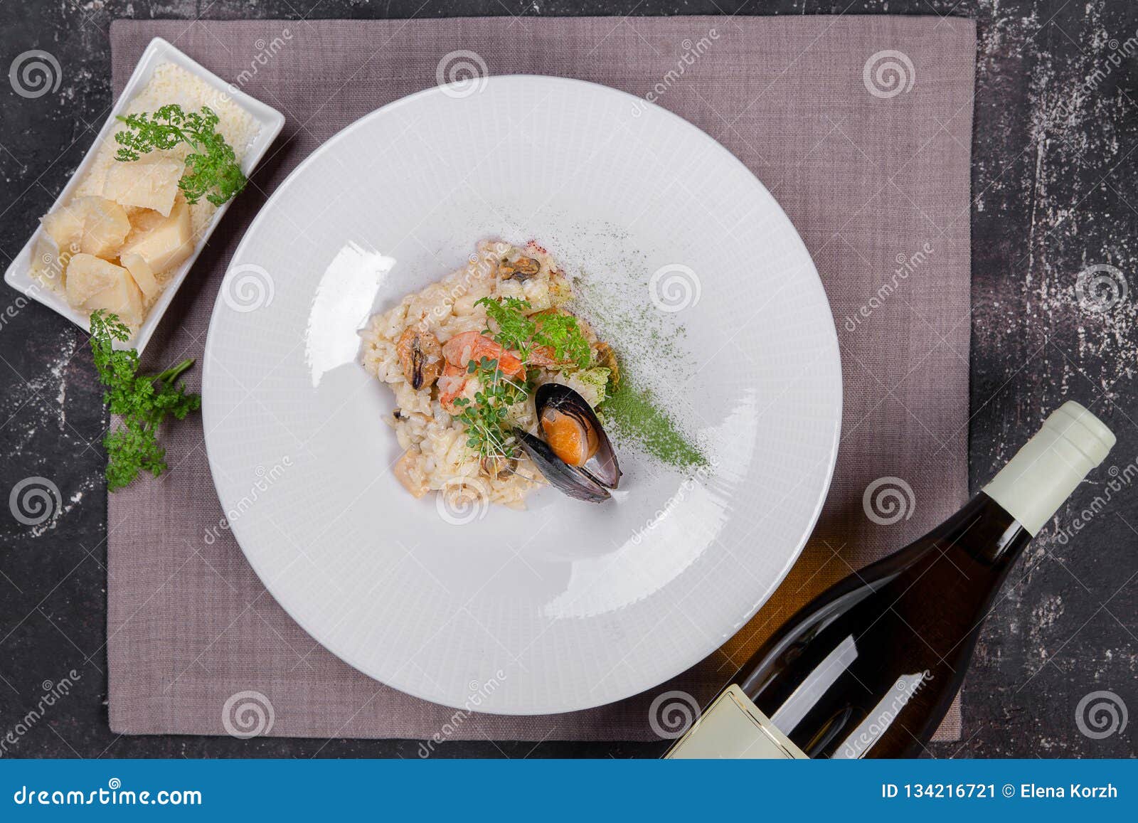 Risotto with Seafood and a Bottle of Wine Stock Image Image of mussel