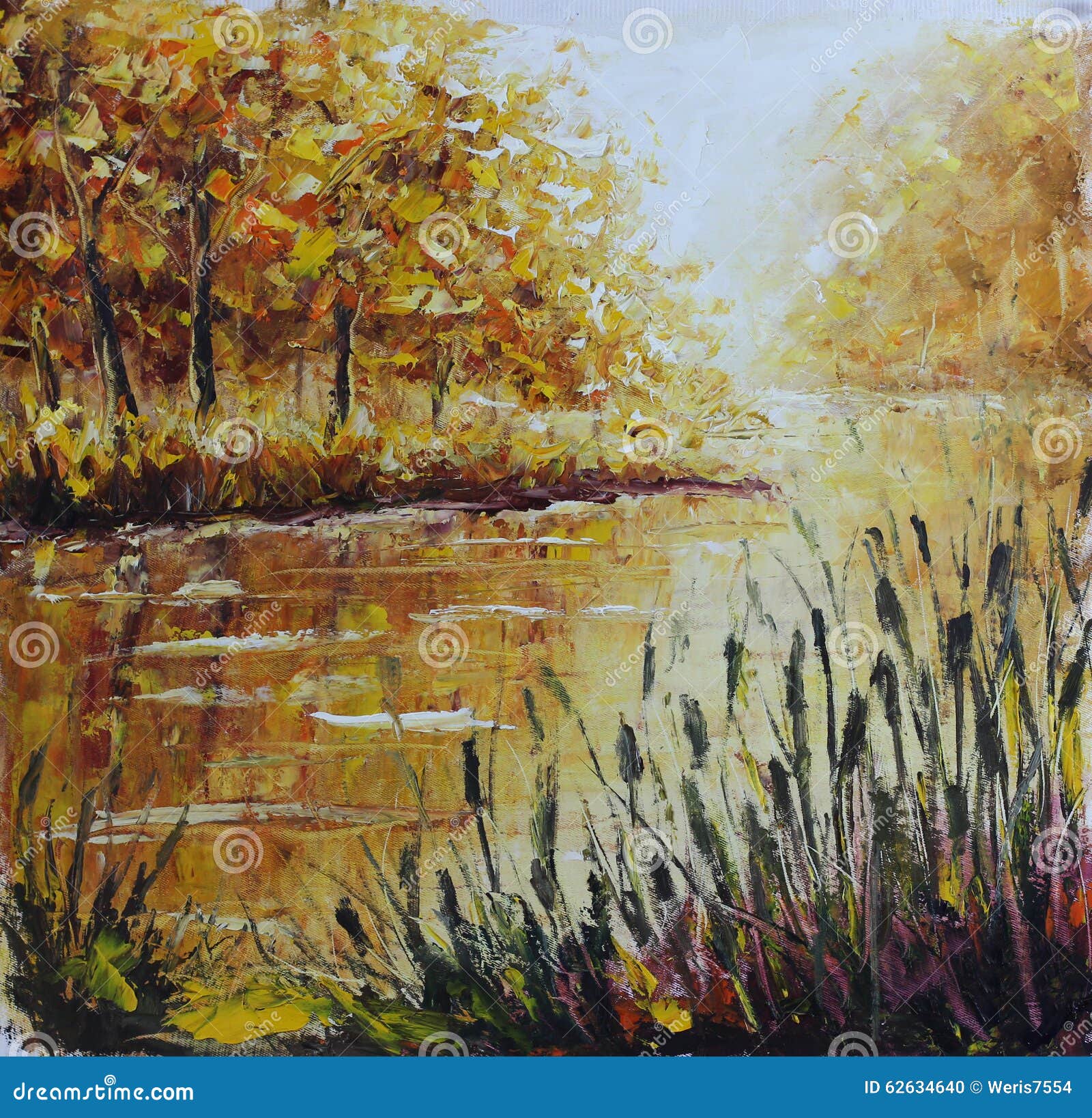 River In Autumn Forest Oil Painting Stock Illustration Illustration