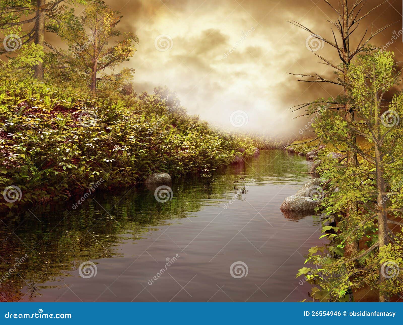 River bank with trees stock illustration. Illustration of landscape