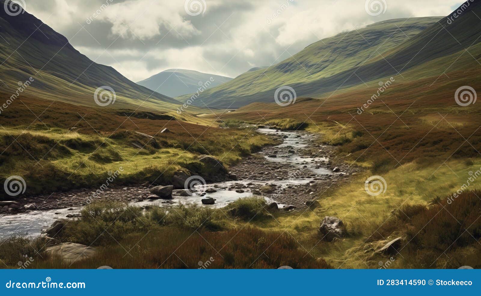 scottish-inspired mountain valley with river and panoramic scale