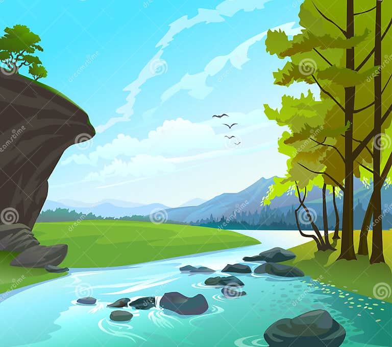 River , Hills and Rocks Landscape Stock Vector - Illustration of bush ...