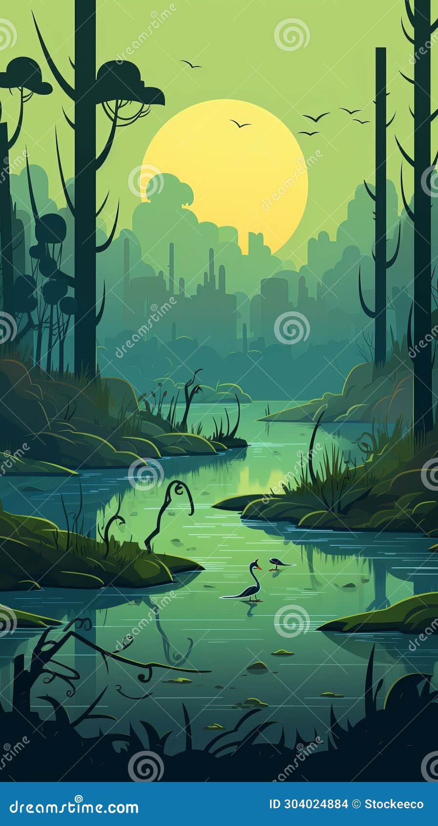 minimal cartoon swamp with tree 
