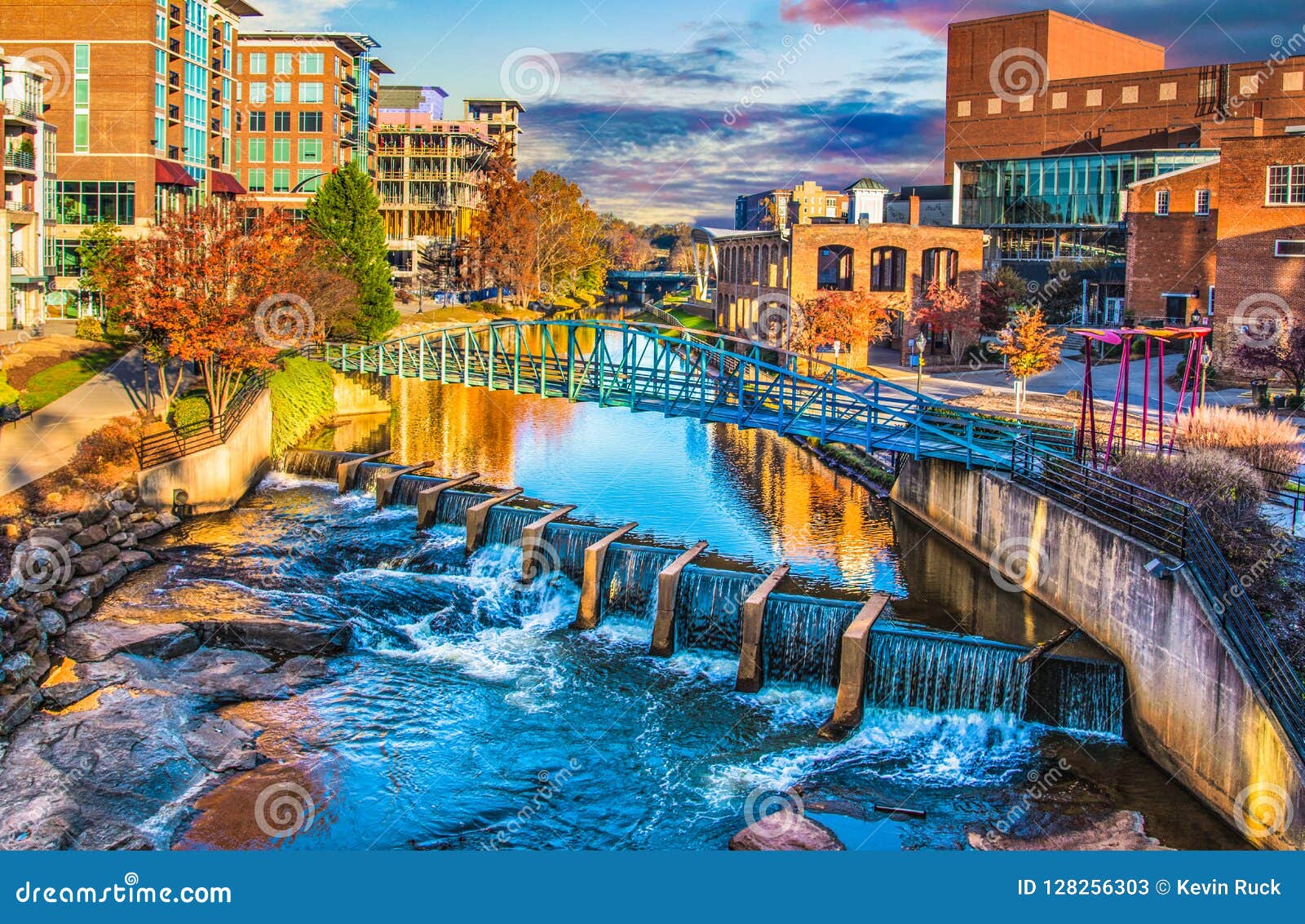 river place and reedy river at sunrise in greenville, south carolina sc.