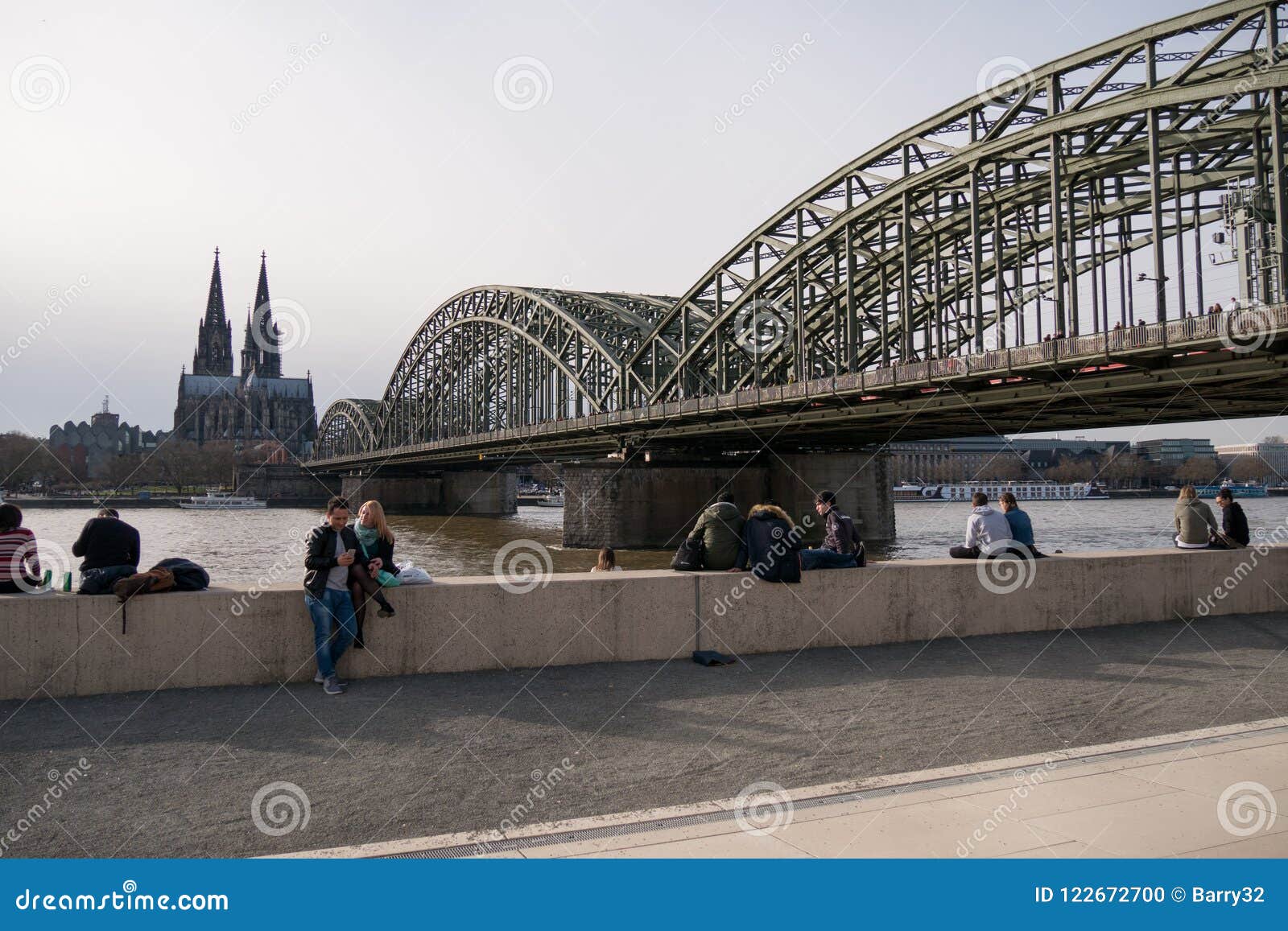 River Rhine In Cologne Germany With Cathedral And Hohenzollern