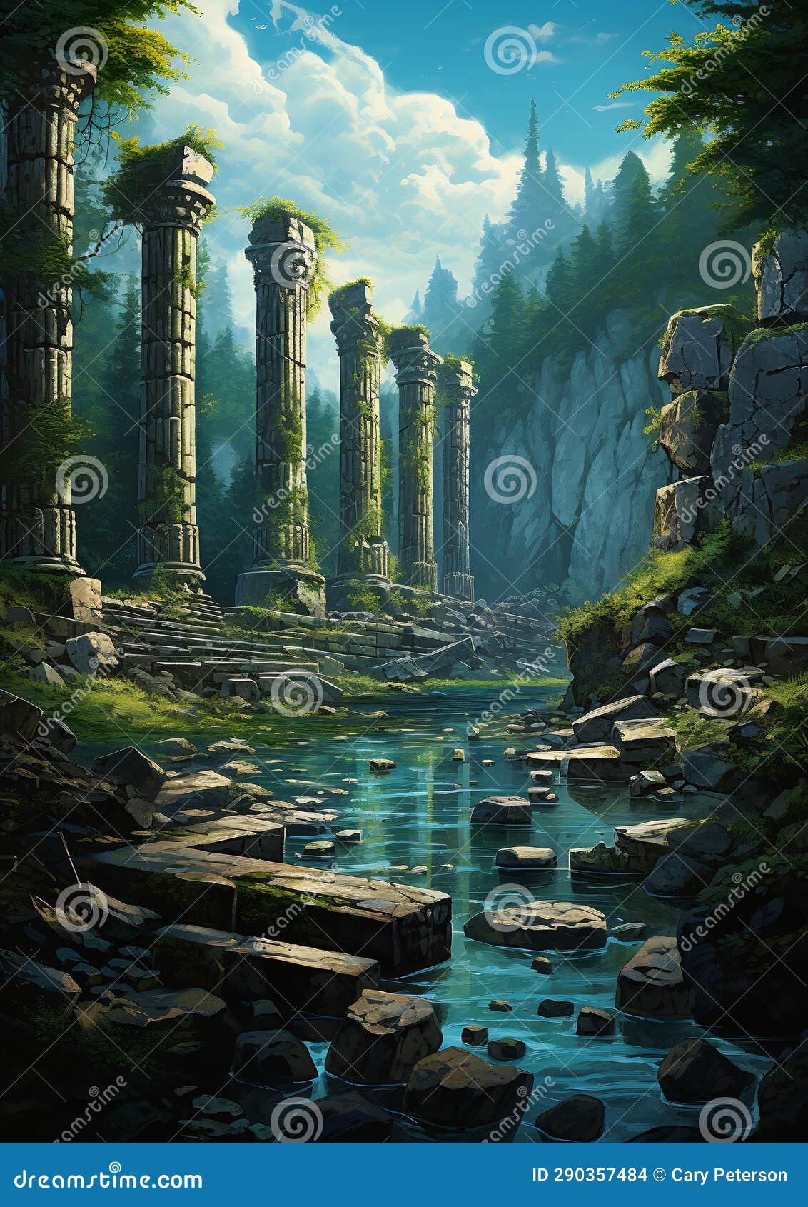 the river running through the forest filled with rocks and giant