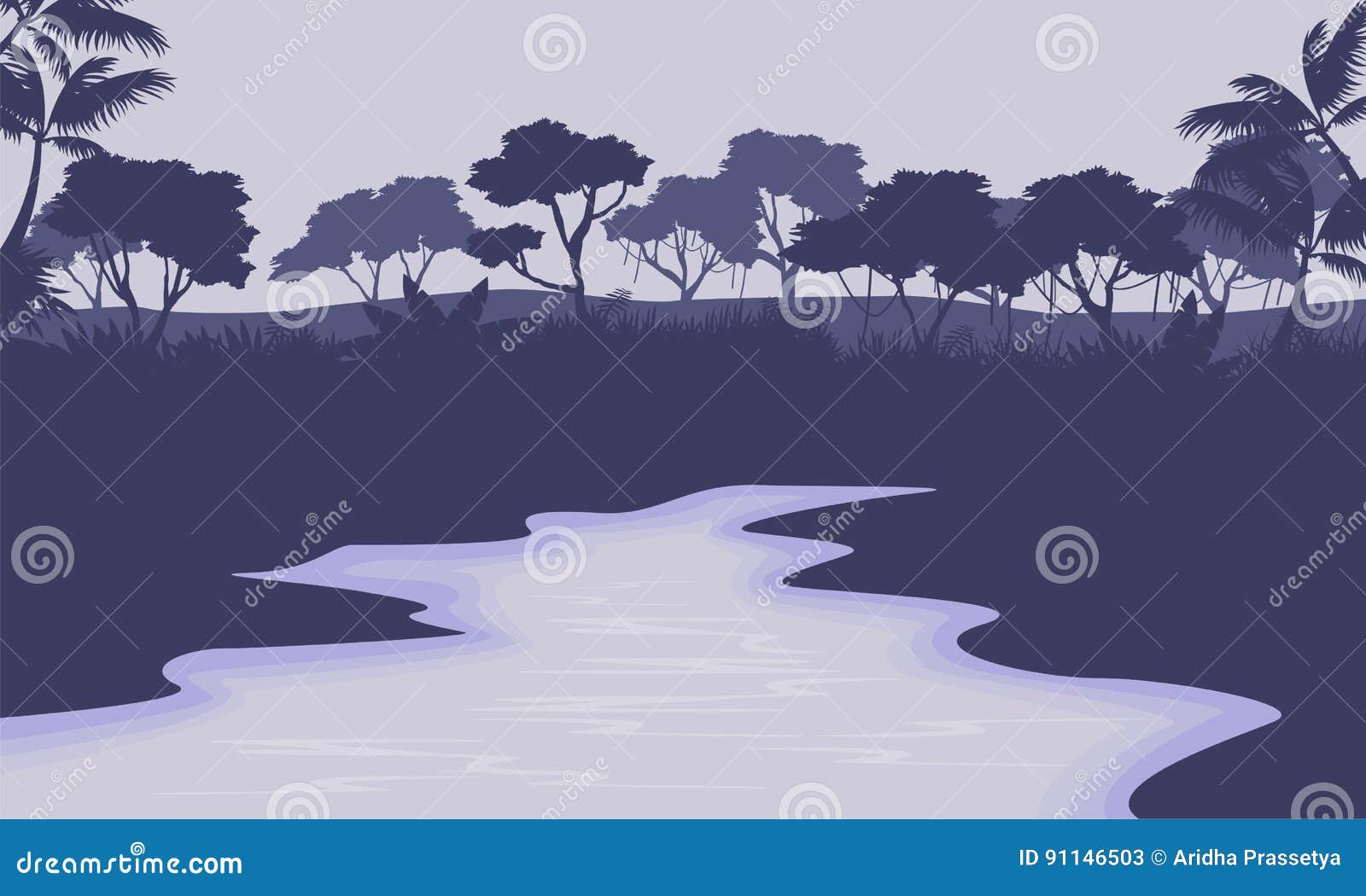 River Scenery with Forest Silhouette Stock Vector - Illustration of