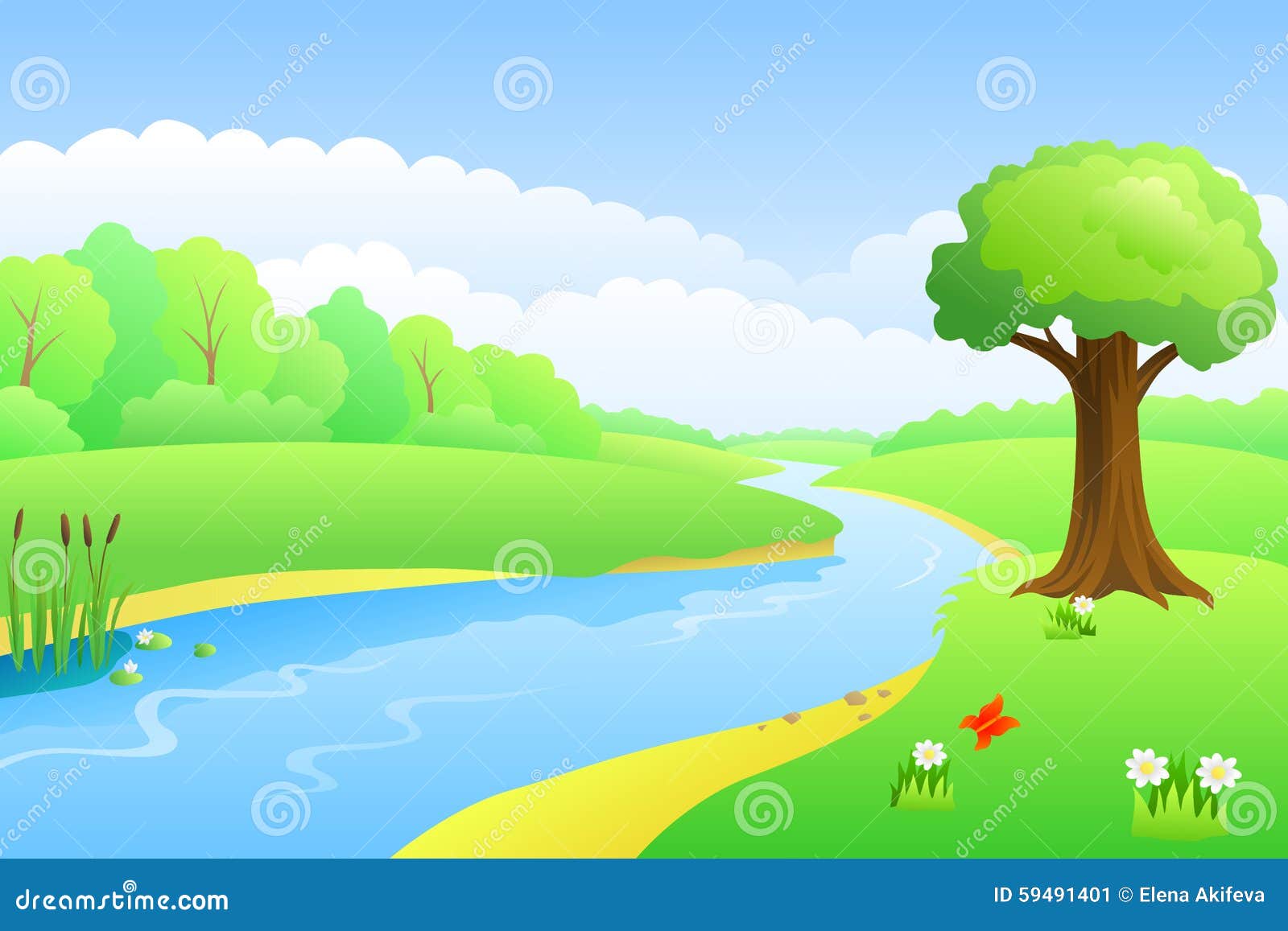 River Summer Landscape Day Illustration Stock Vector - Image: 59491401