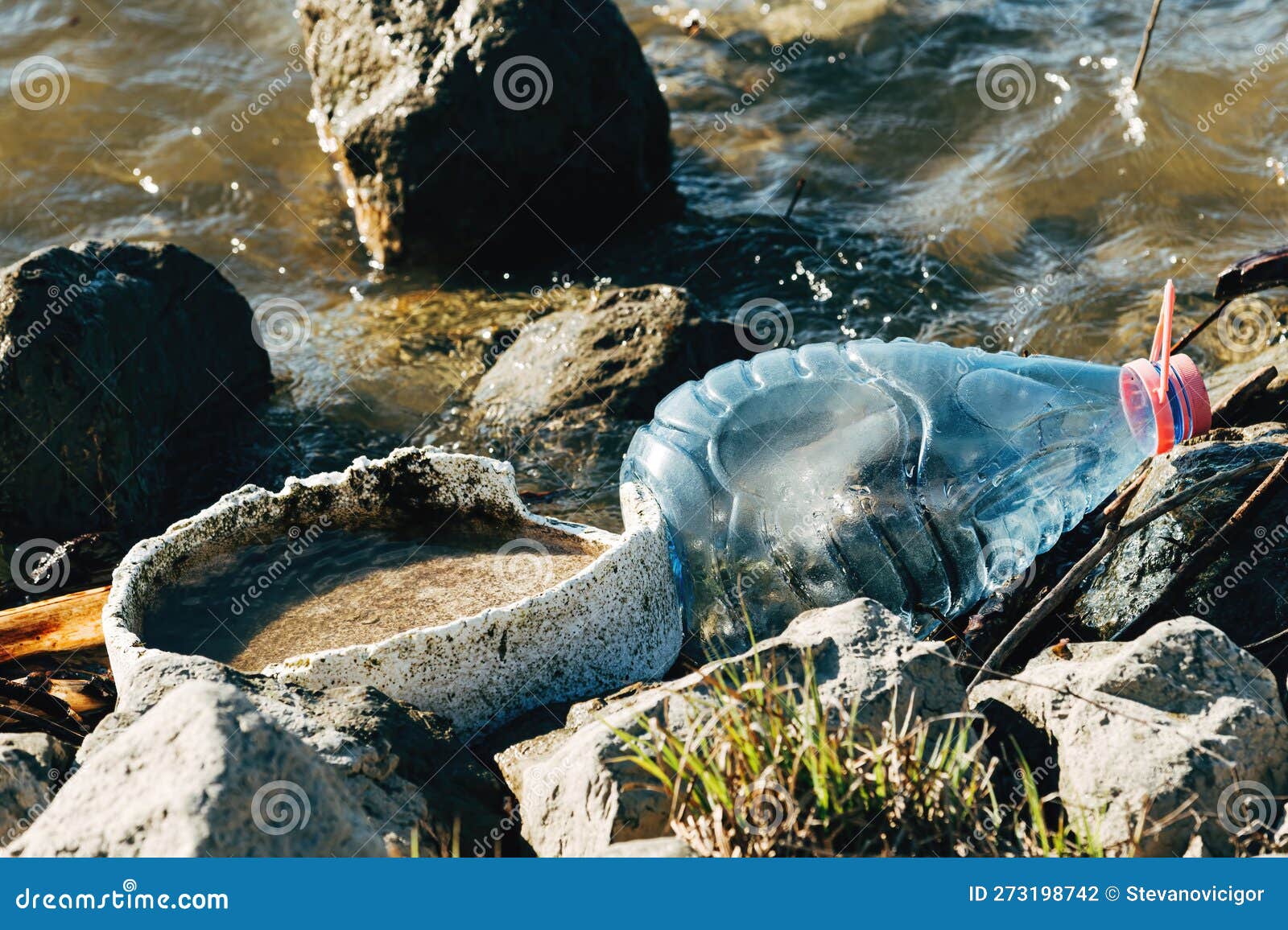 river water pollution as environmental damage, plastic bottles littering the freshwater