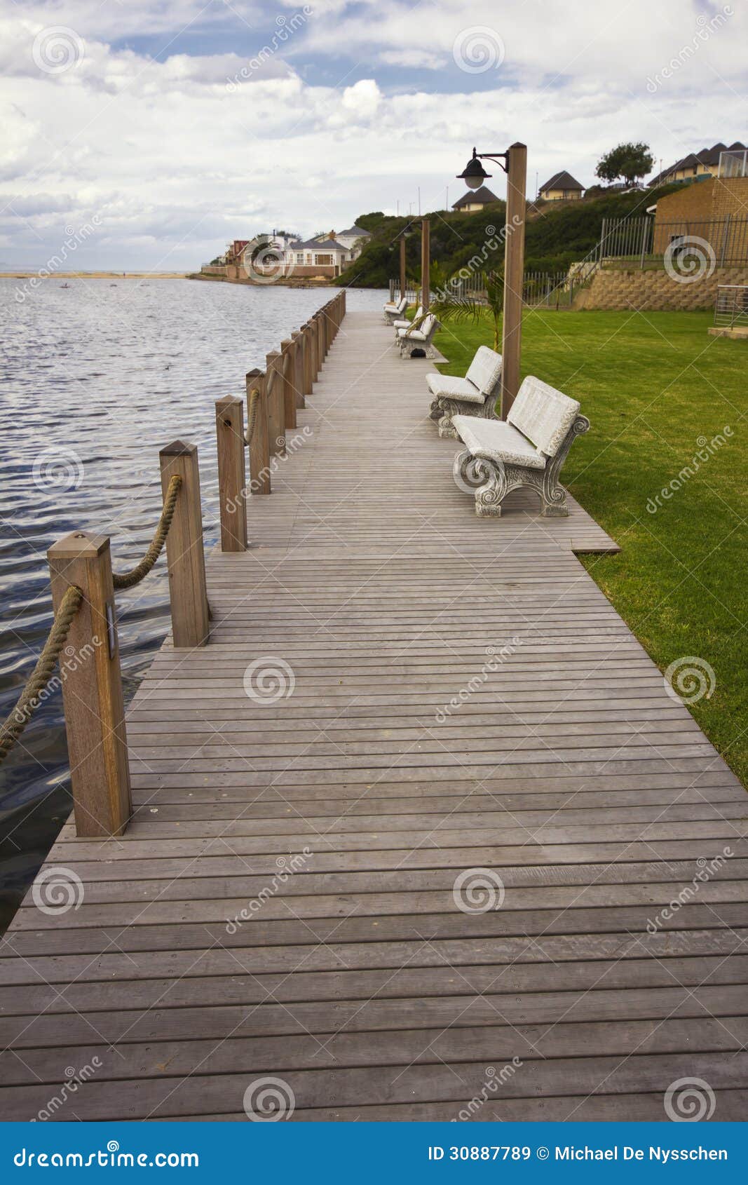 Riverside Benches and Lights Stock Image Image of materials, bench