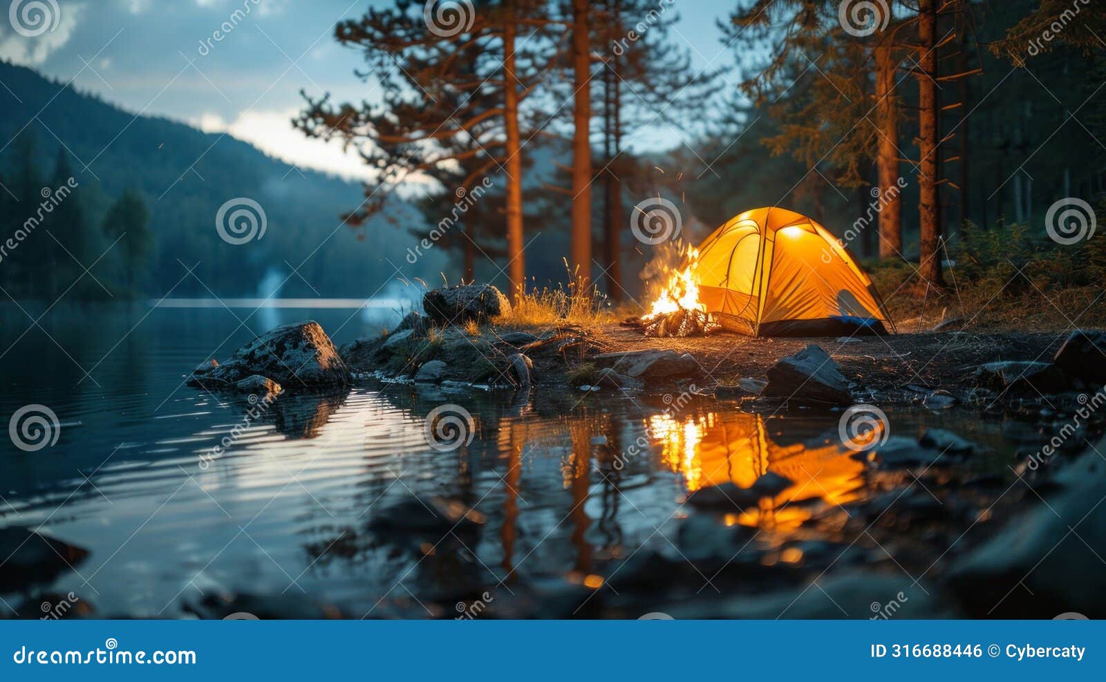 at a riverside campsite, a tent is pitched under the night sky, illuminated by the warm glow of a crackling fire