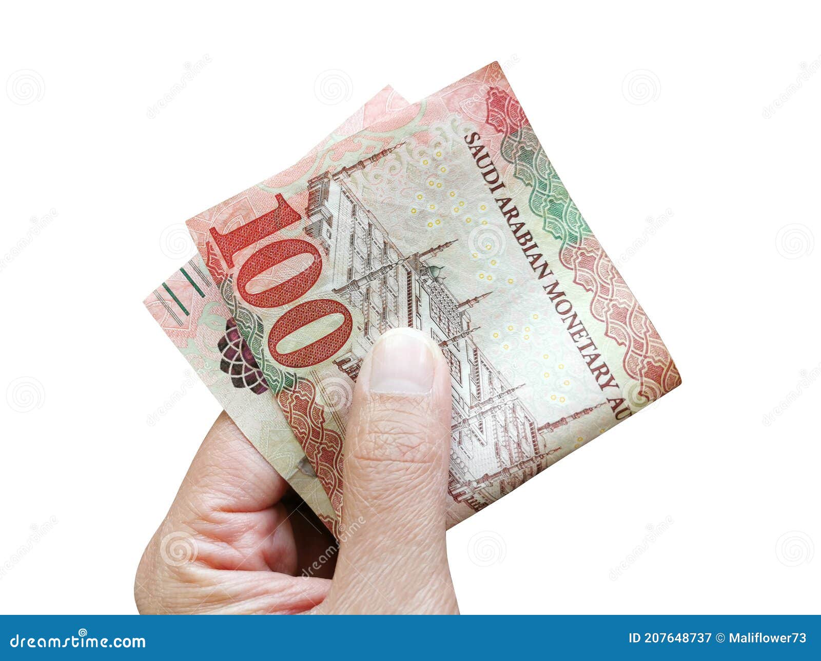 100 riyal saudi banknote in hand  on white background.
