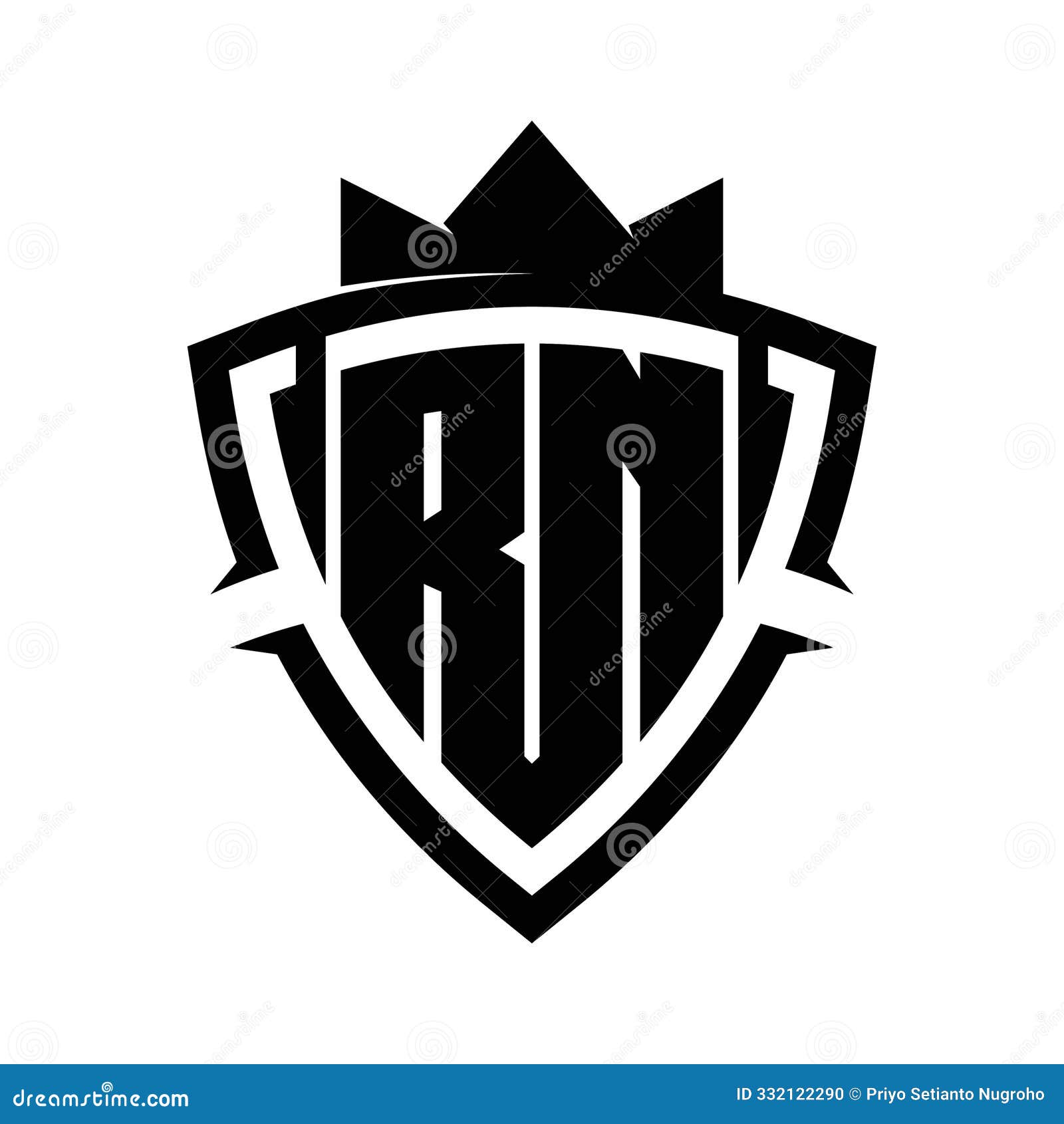 rn letter bold monogram triangle curve shield  with crown black and white background color 