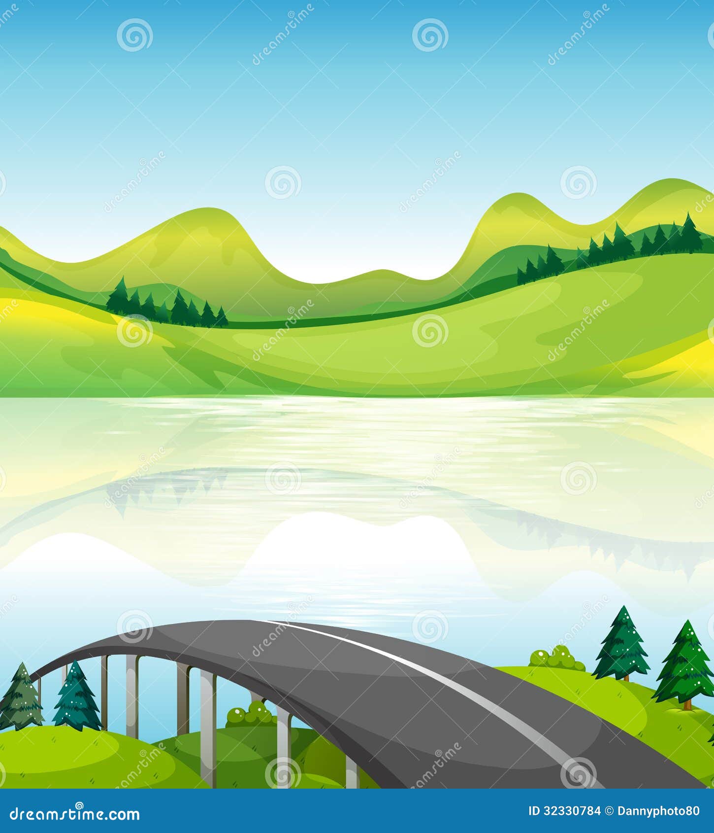 A Road Bridge Near the Lake Stock Vector Illustration of hill, pine 32330784
