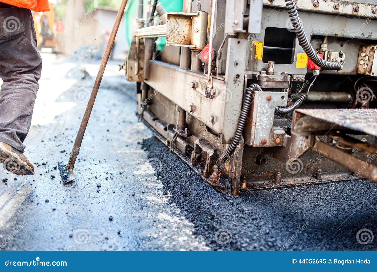 Road Construction with Tools, Workers and Industrial Machinery Stock