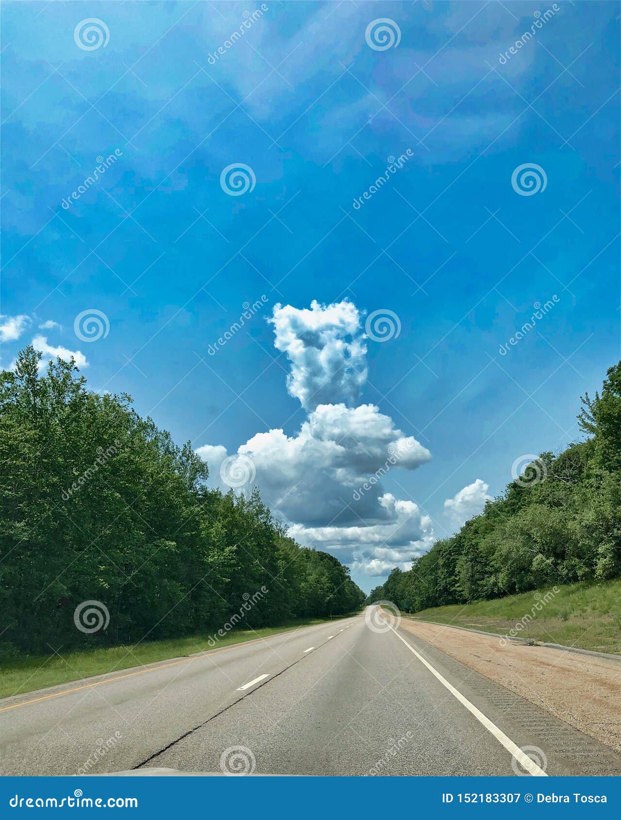 road green trees clouds leading lunes