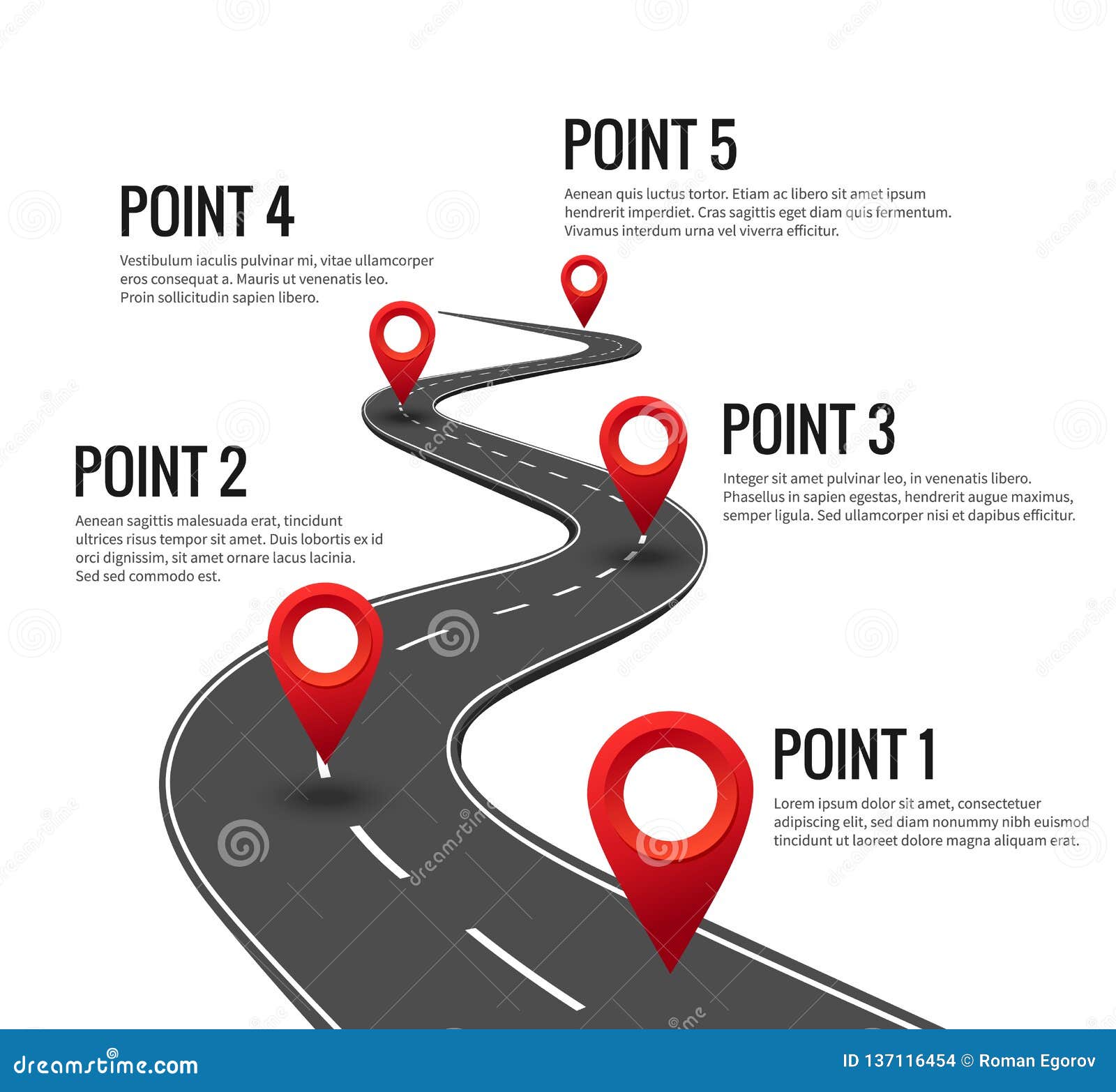 road infographic. curved road timeline with red pins checkpoint. strategy journey highway with milestones concept