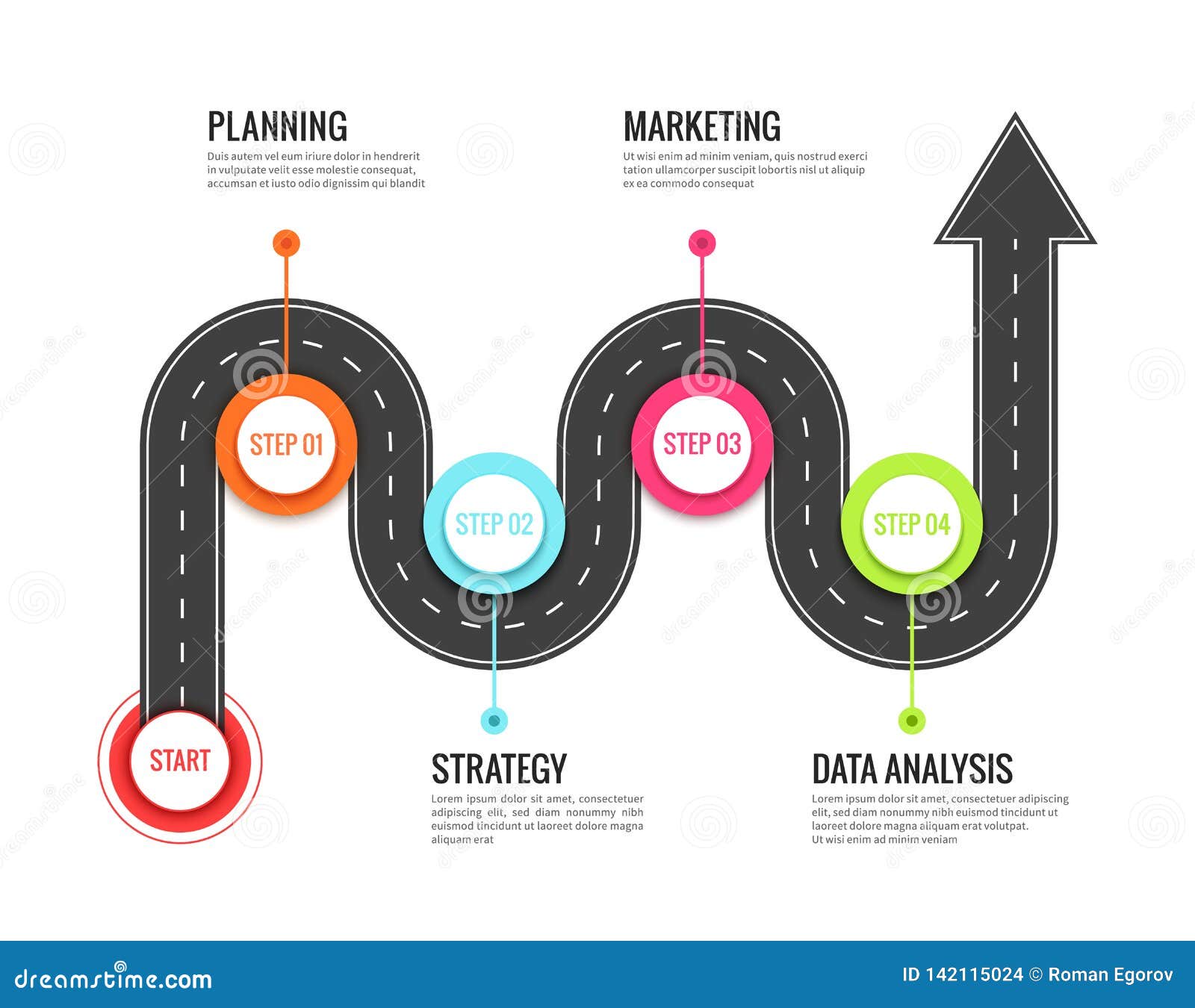 road journey infographic. trip directional map winding road, travel to success. footpath  concept