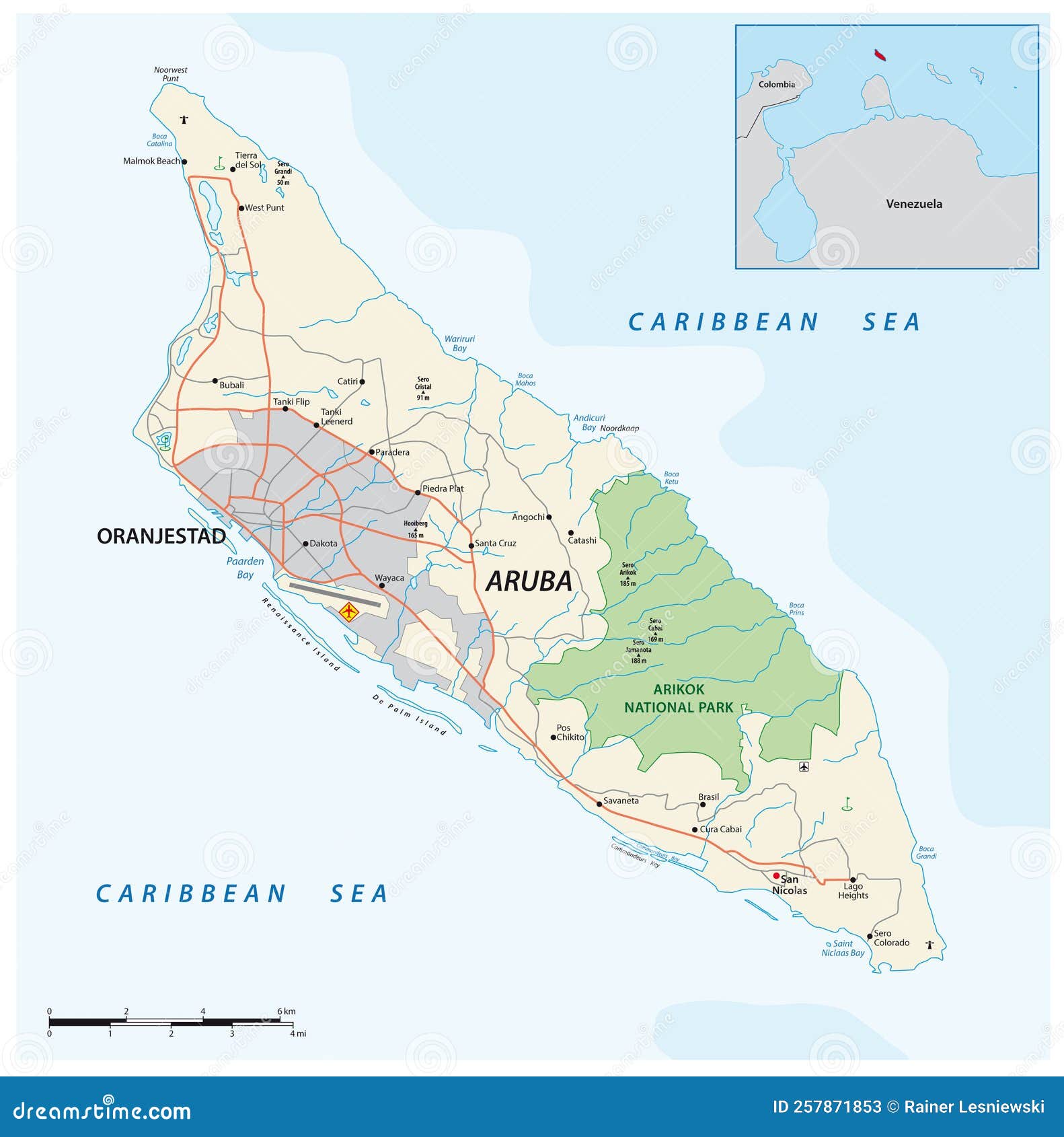 Road Map of the ABC Island of Aruba in the Caribbean Sea Stock Vector