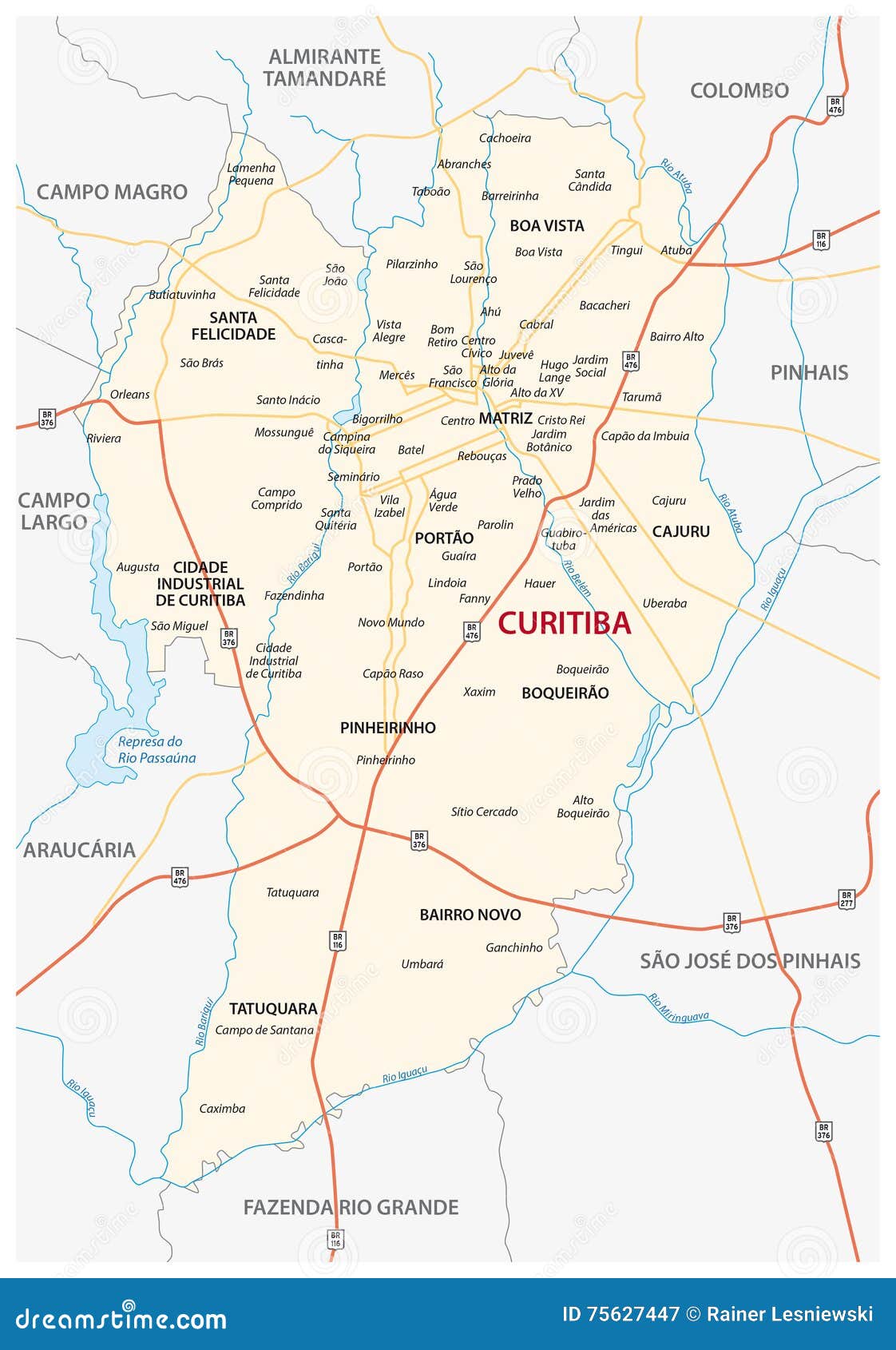 road map of the brazilian city curitiba with districts and neighborhoods